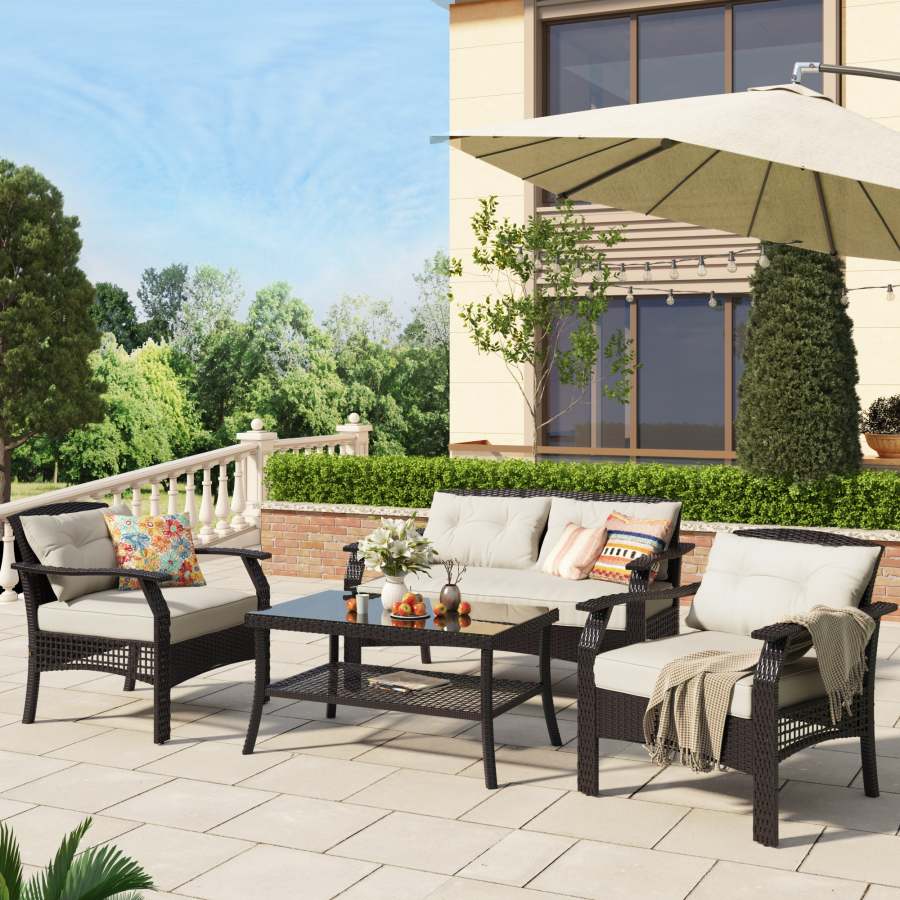 4 Piece Rattan Sofa Seating Group with Beige Cushions, Outdoor Ratten sofa