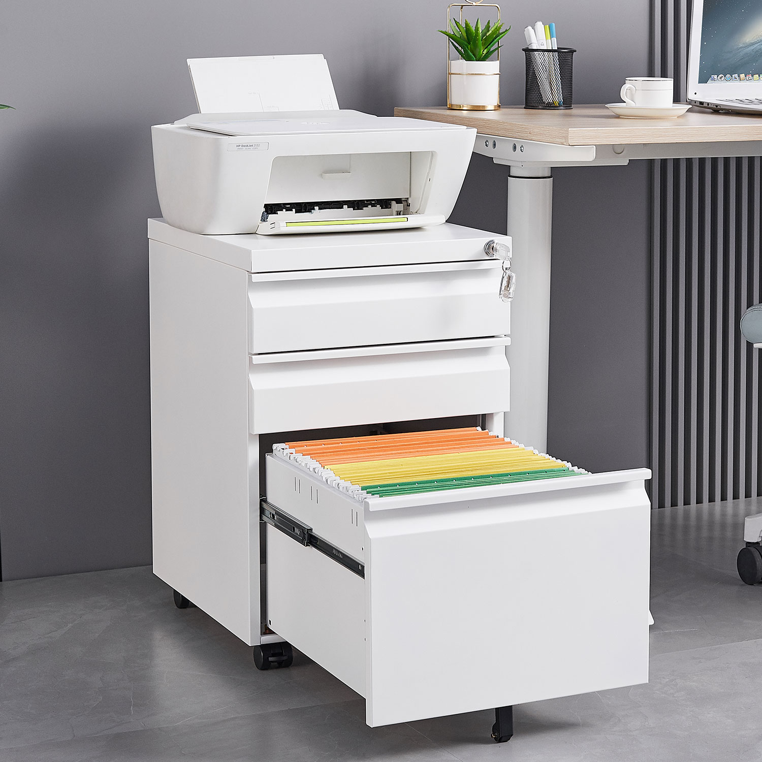 3 Drawer Mobile Locking File Cabinet, Rolling Filing Cabinet for Letter/A4 Size With 5 Wheels ,WHITE