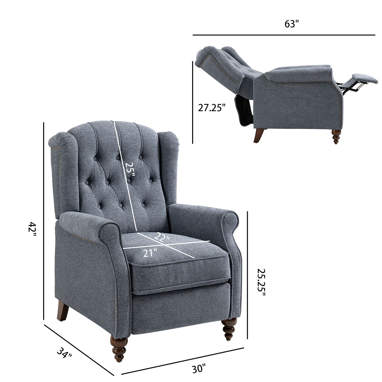Boyel Living Push Back Reclining Chair Recliner with Wide Armrests and Rubber wooden legs, Blue/Gray-Boyel Living