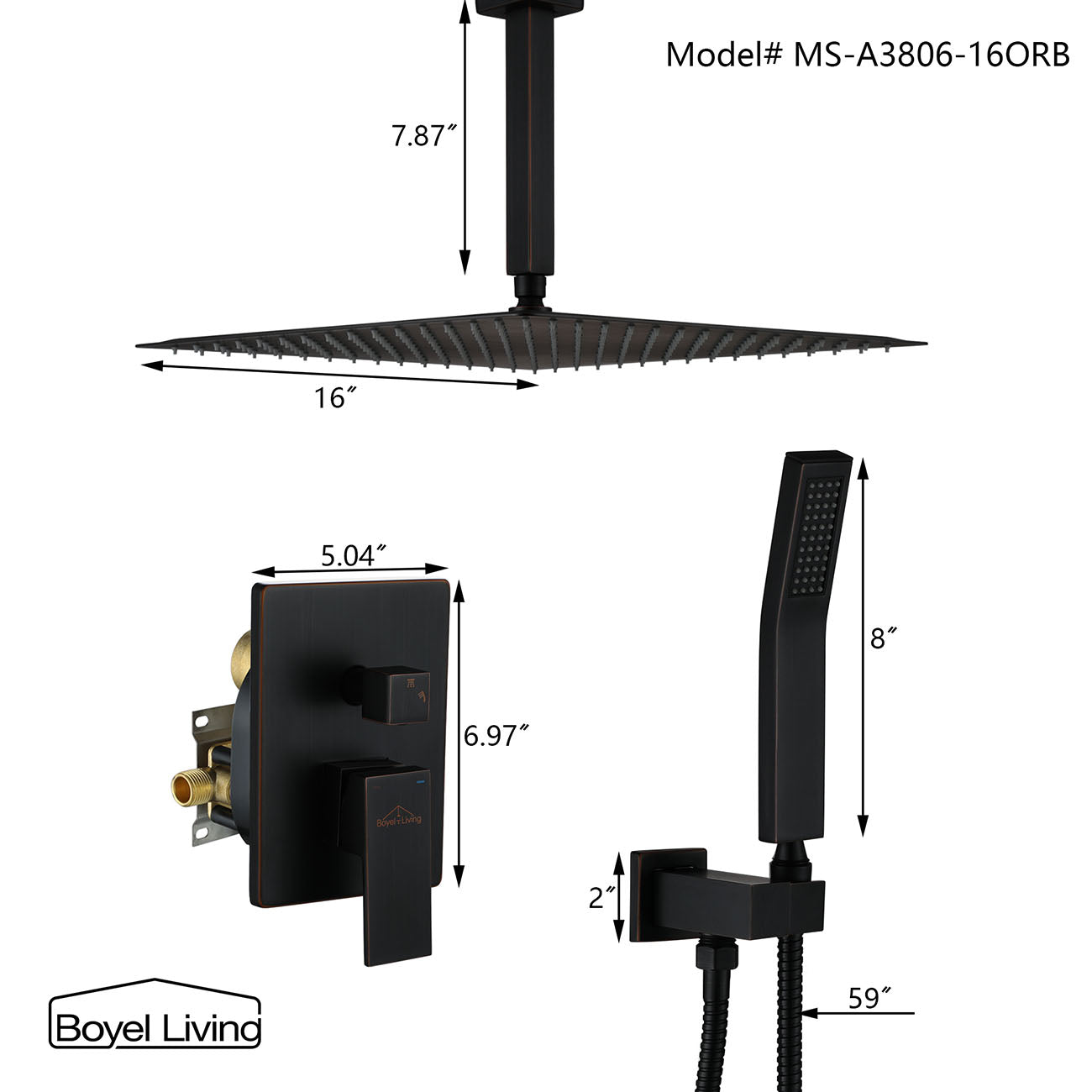 Boyel Living 1-Spray Patterns with 2.5 GPM Ceiling Mount Dual Shower Heads and Handheld Shower in Oil Rubbed Bronze, 10/12/16 in.-Boyel Living