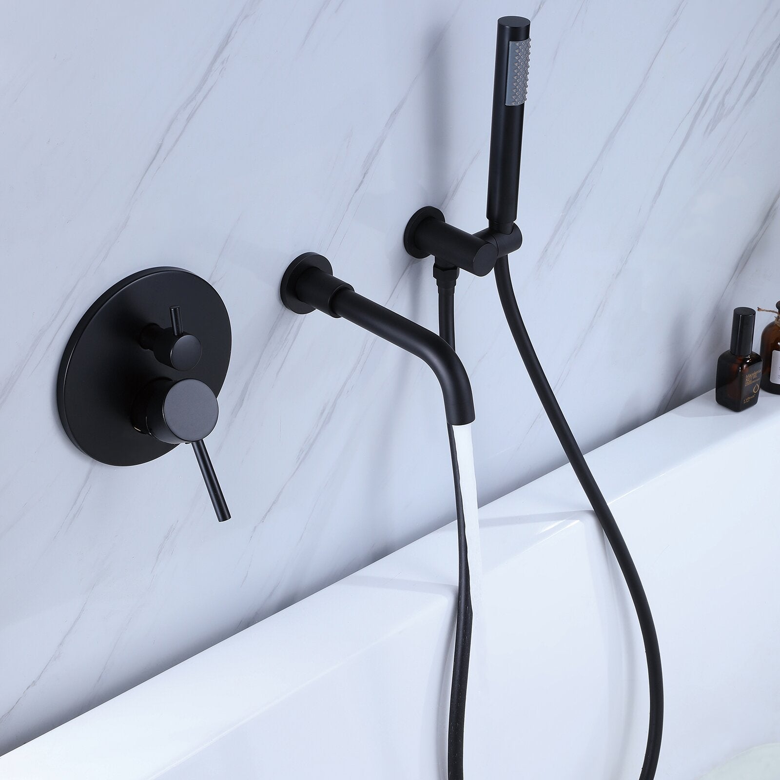 2-Handle Wall Mount Tub and Shower Faucet with Hand Shower in Black Valve Included-Boyel Living