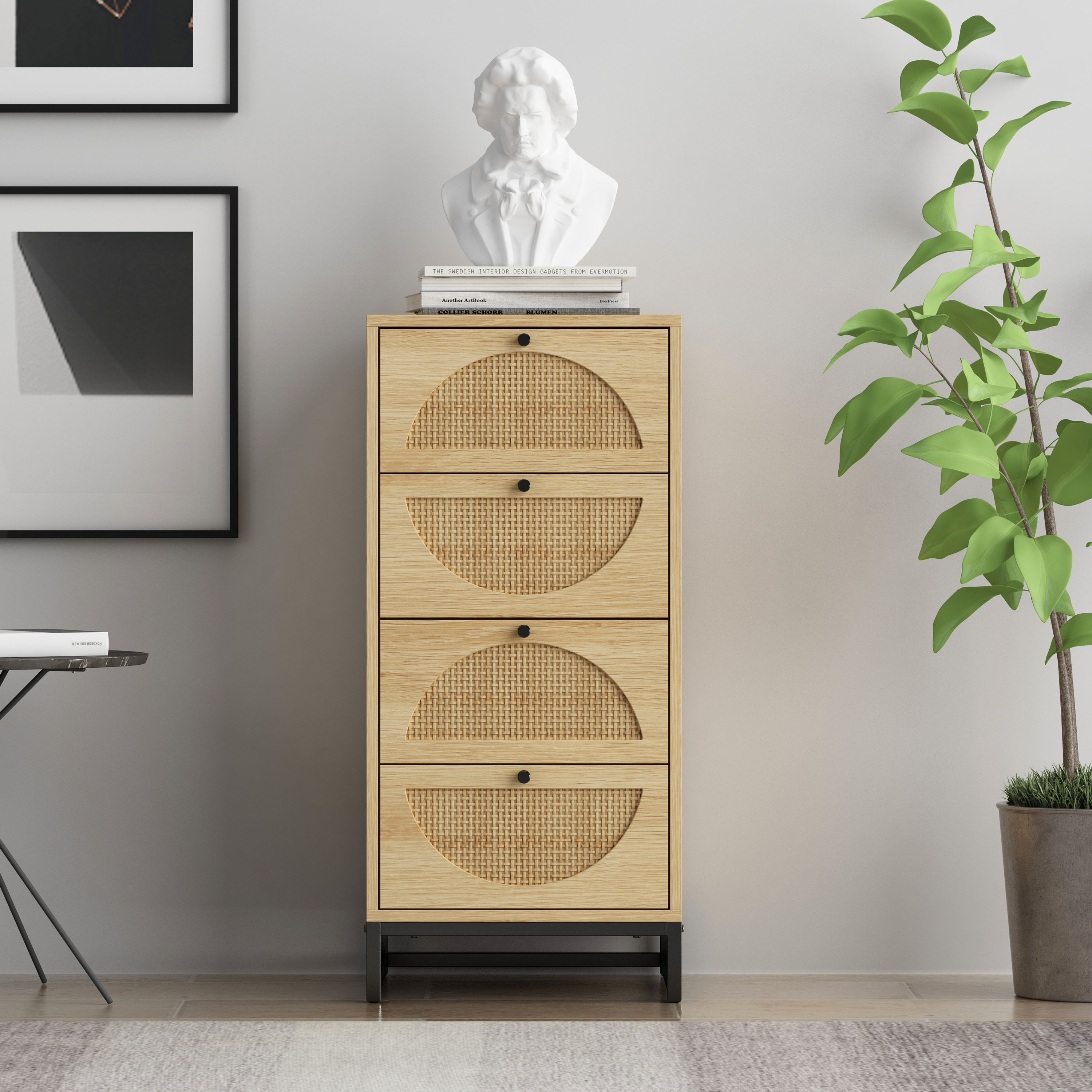 Natural rattan，Cabinet with 4 drawers，Suitable for living room, bedroom and study，Diversified storage-Boyel Living