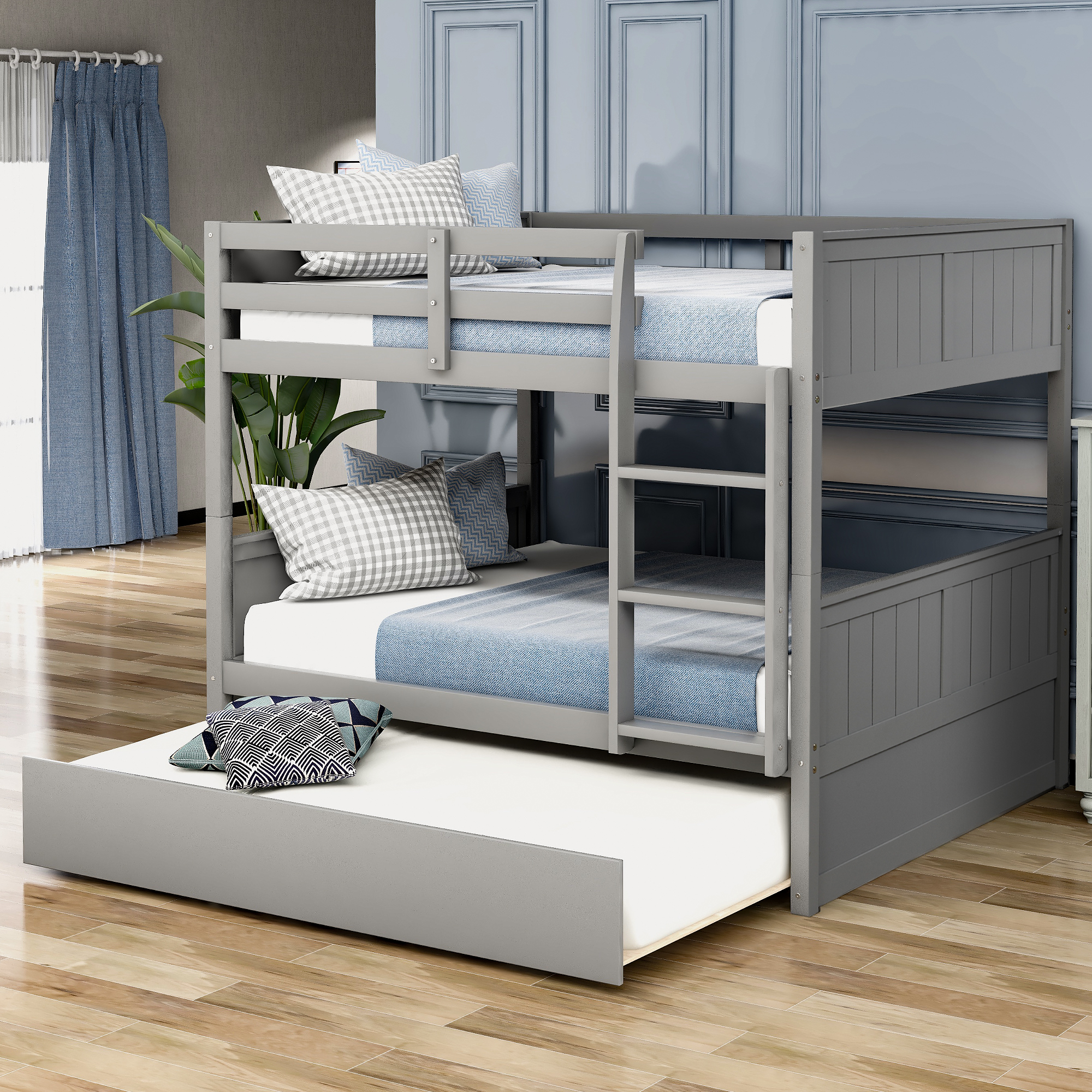 Full Over Full Bunk Bed with Twin Size Trundle, Gray-Boyel Living
