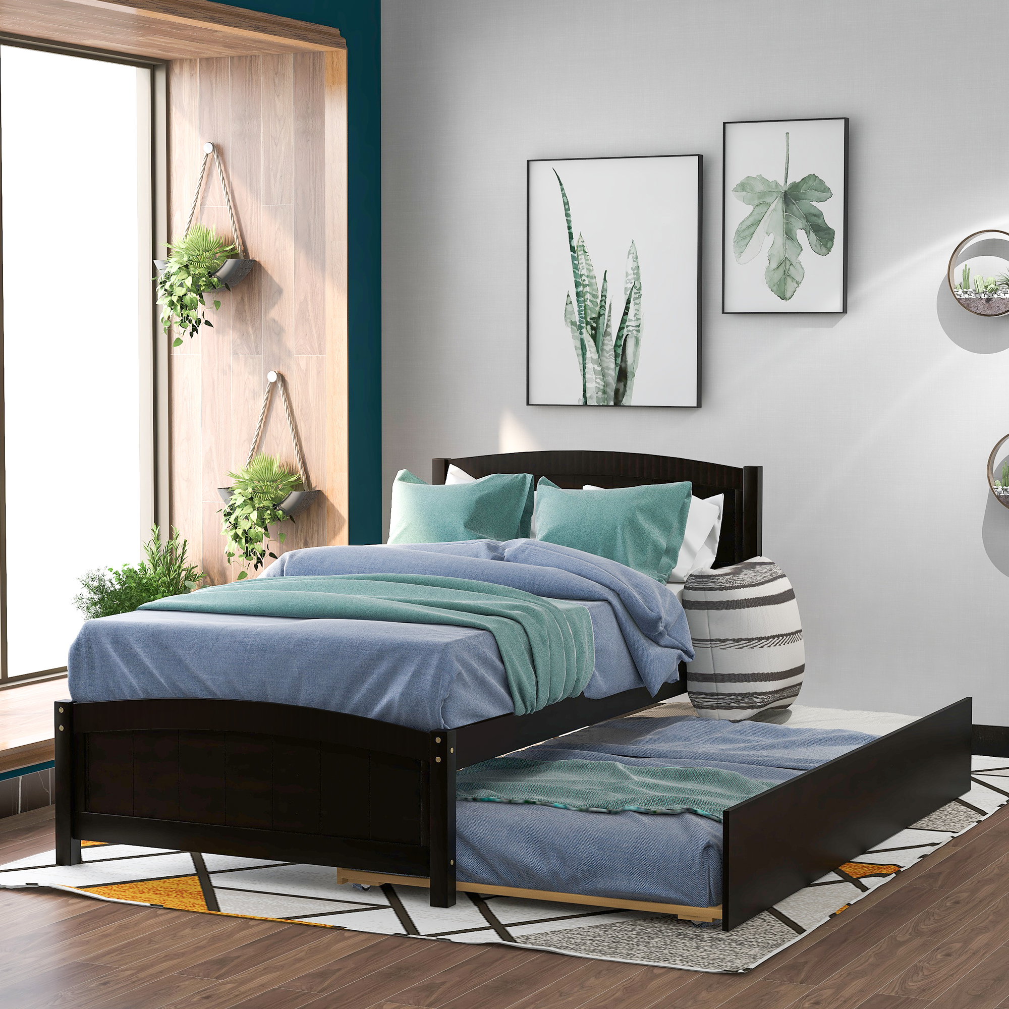 Twin size Platform Bed with Trundle, Espresso-Boyel Living