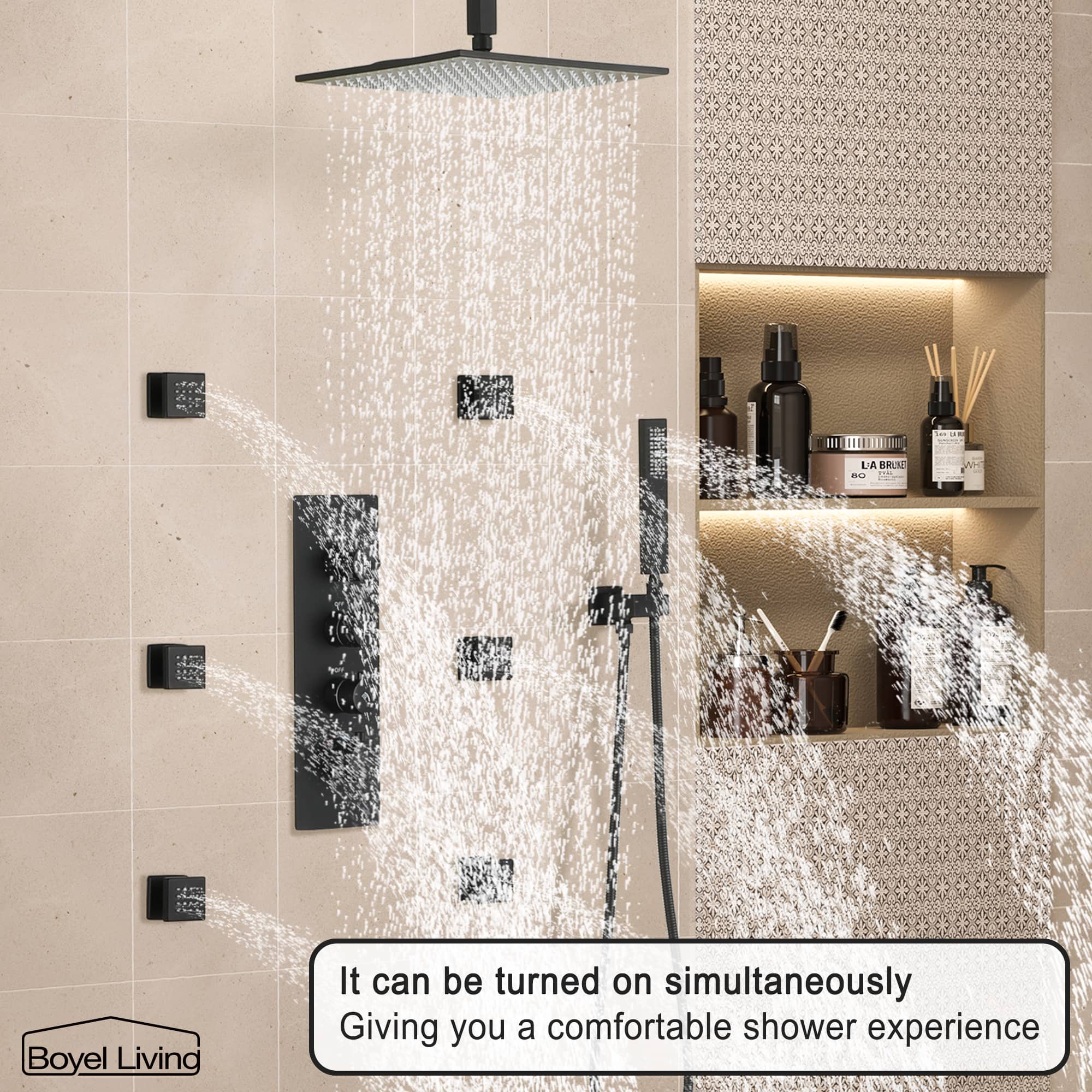 Boyel Living Luxury 6 Jets Thermostatic Shower System Combo Set with Ceiling Rainfall Shower Head and Handshower-Boyel Living