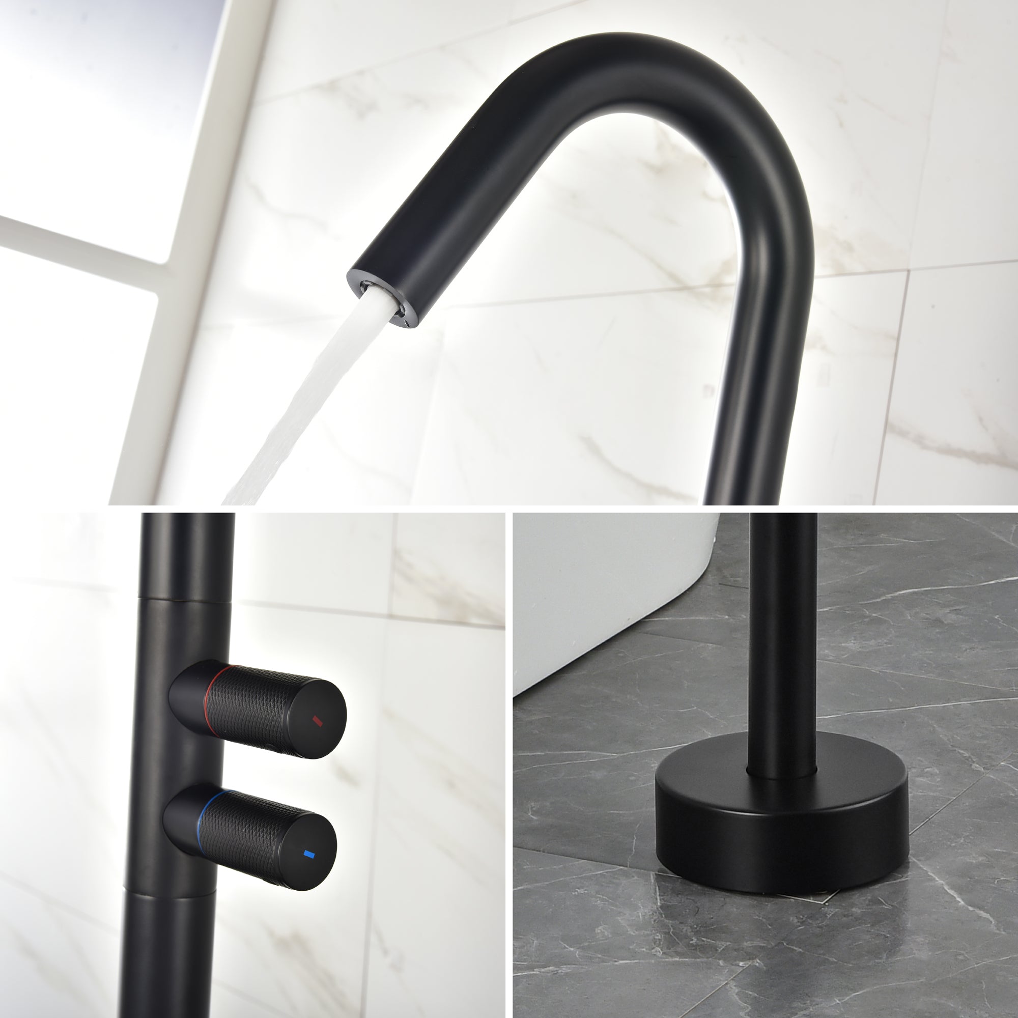 Boyel Living Freestanding Floor Mount 2-Handle Bath Tub Filler Faucet with Water Supply Lines in Matte Black-Boyel Living