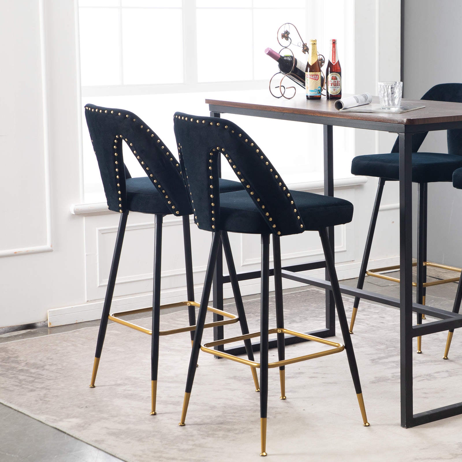 Contemporary Velvet Upholstered 28" Bar Stool with Nail-heads and Gold Tipped Black Metal Legs,Set of 2-Boyel Living