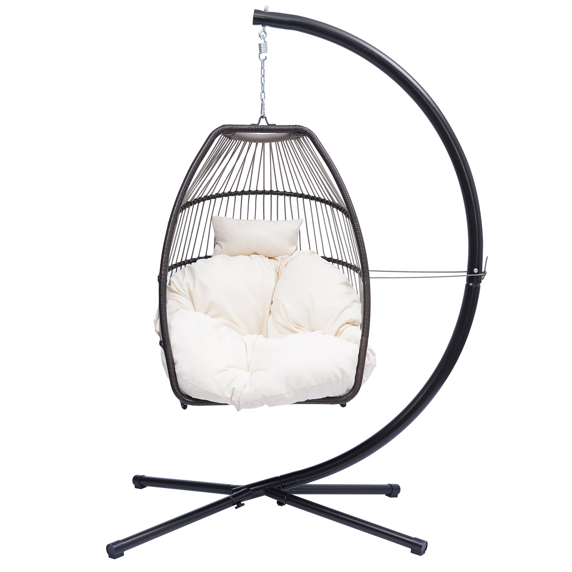 Outdoor Patio Wicker folding Hanging Chair,Rattan Swing Hammock Egg Chair with C Type bracket , with cushion and pillow,Beige-Boyel Living