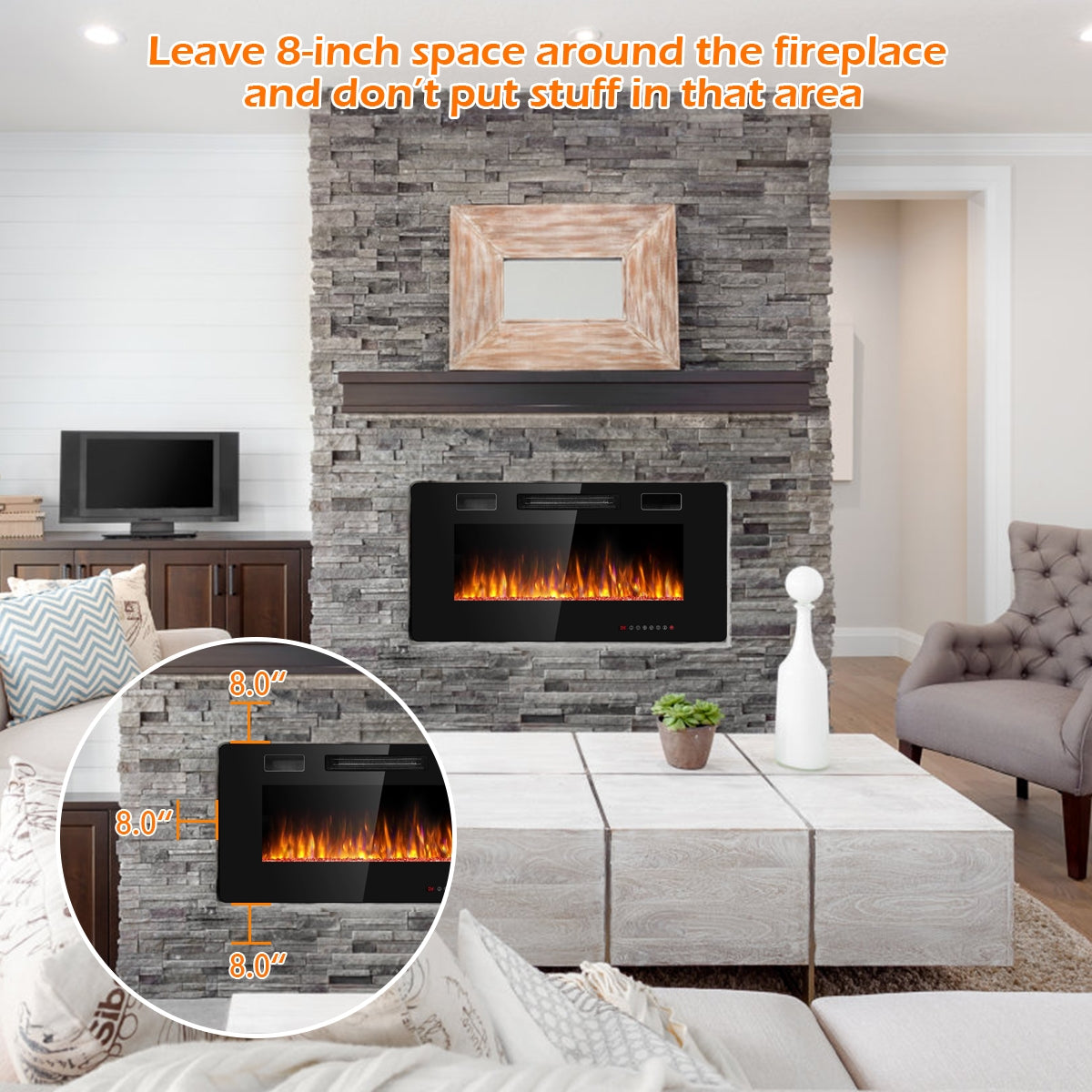 36" Recessed Wall Mounted Electric Fireplace with 12 Flame Colors-Boyel Living