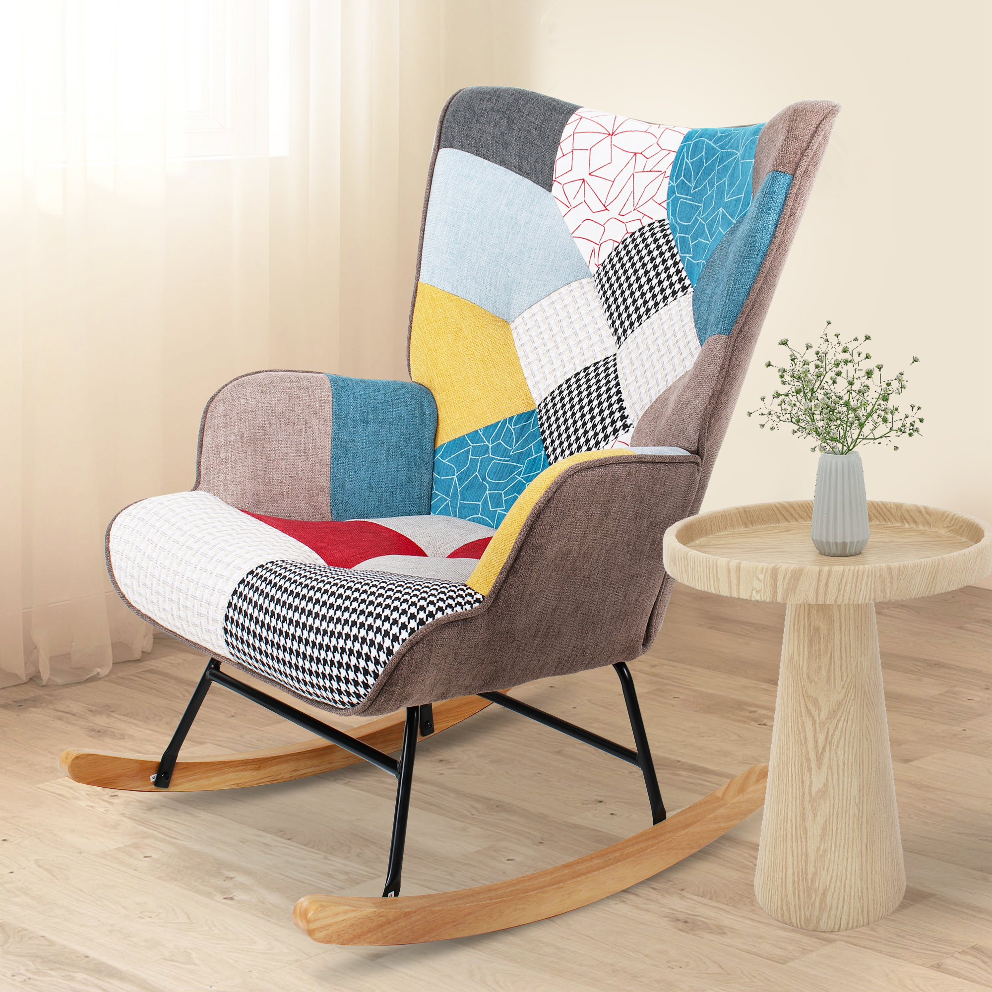 Rocking Chair, Mid Century Fabric Rocker Chair with Wood Legs and Patchwork Linen for Livingroom Bedroom-Boyel Living
