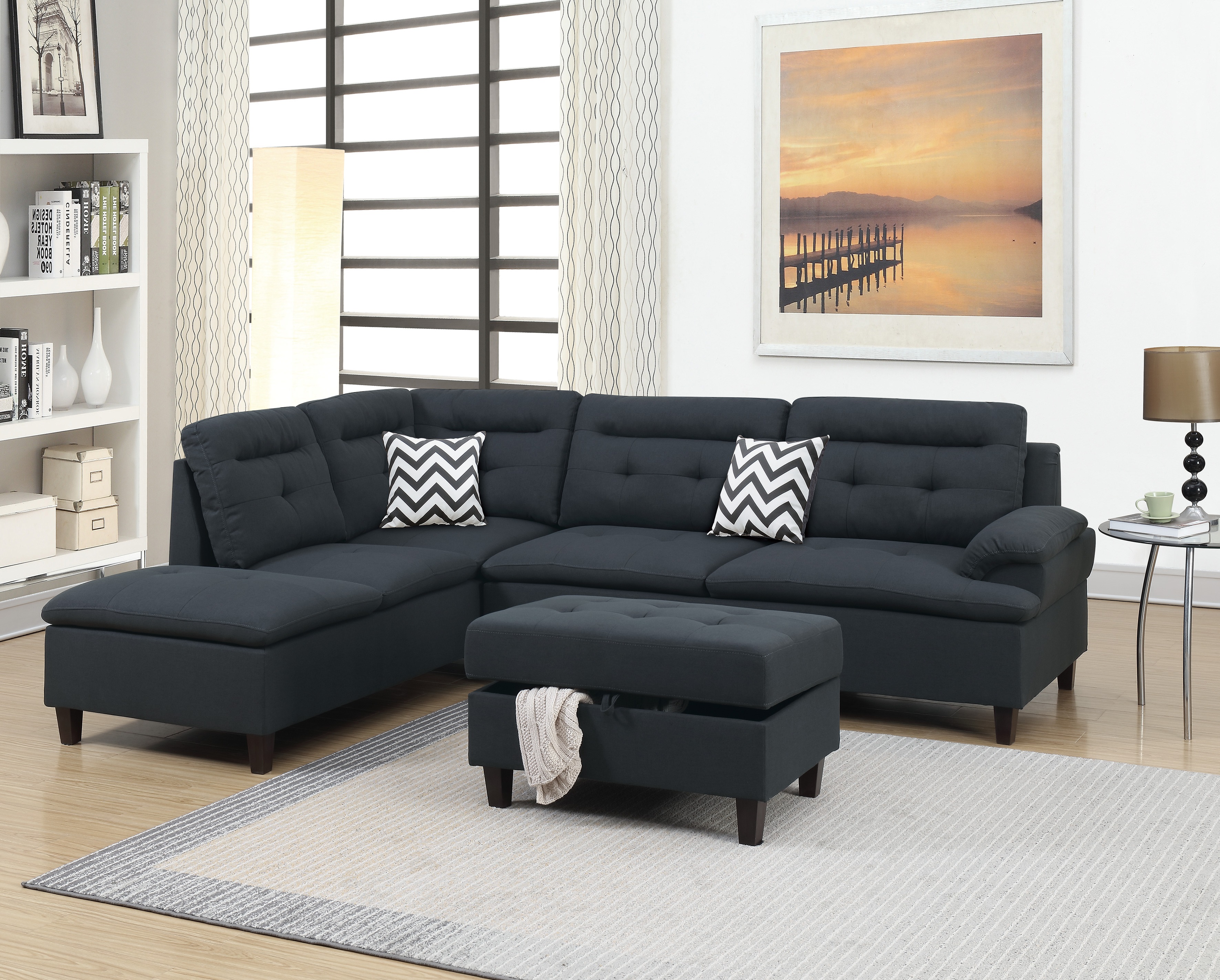 Living Room Furniture Black Cushion Sectional w Ottoman Linen Like Fabric Sofa Chaise-Boyel Living