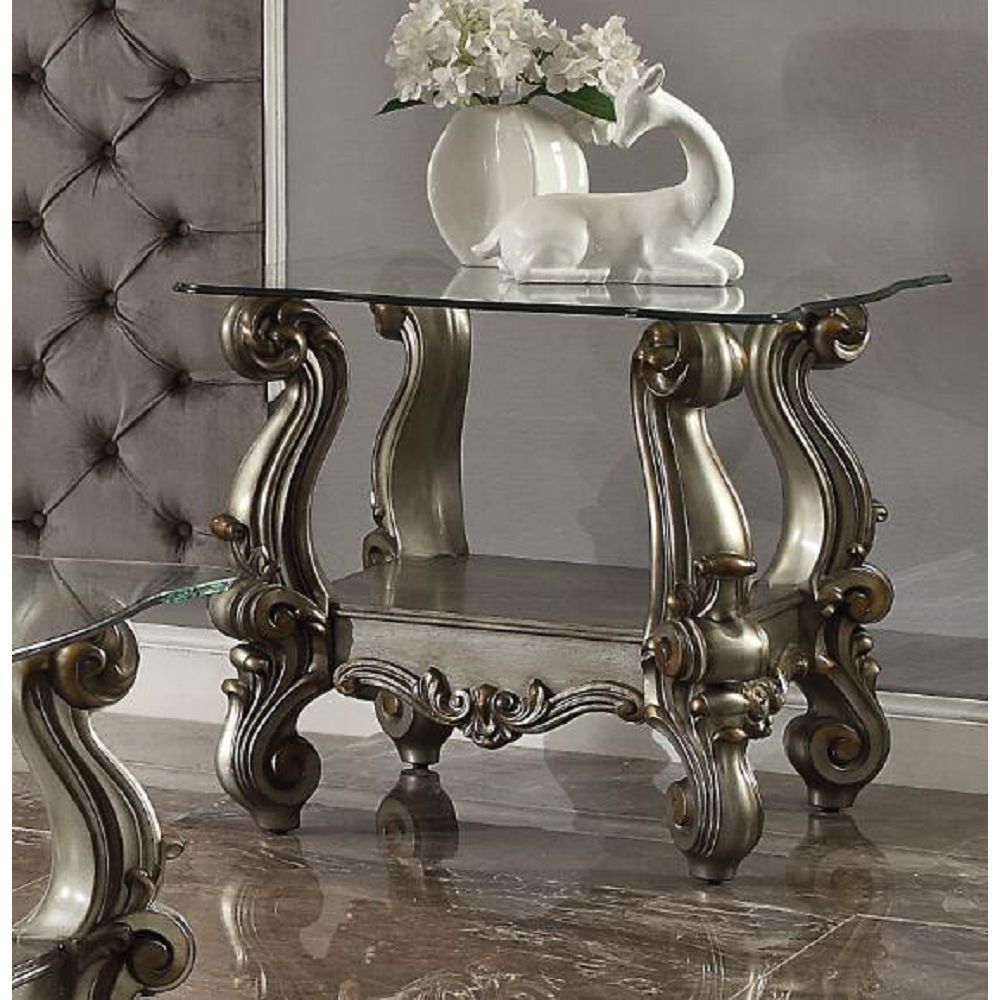 ACME Versailles End Table in Antique Platinum & Clear Glass-Boyel Living