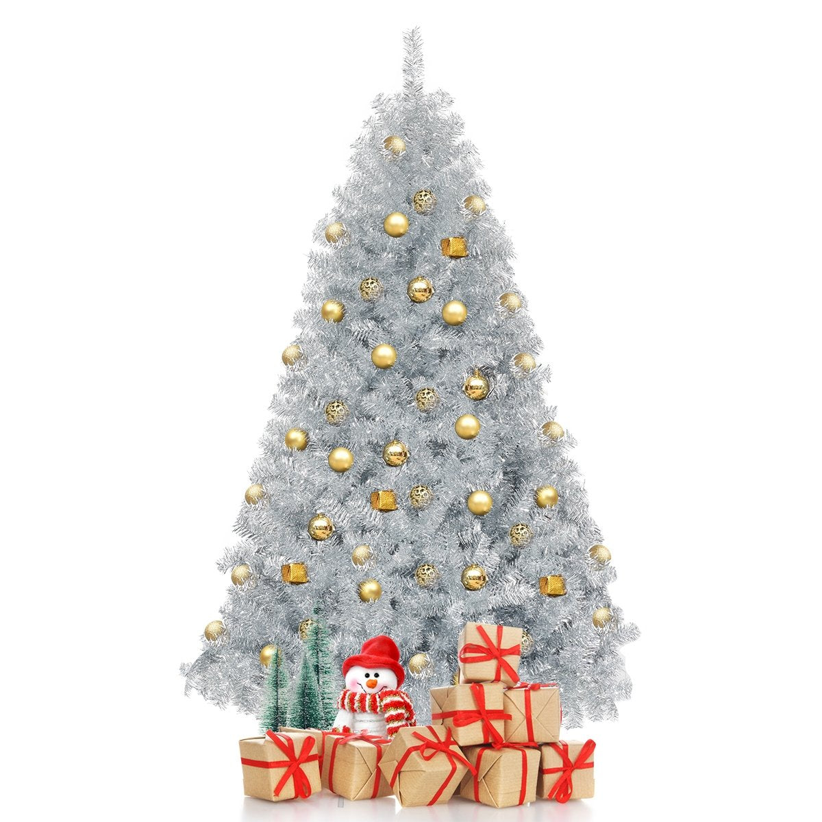 6ft Hinged Unlit Artificial Silver Tinsel Christmas Tree with Metal Stand-Boyel Living