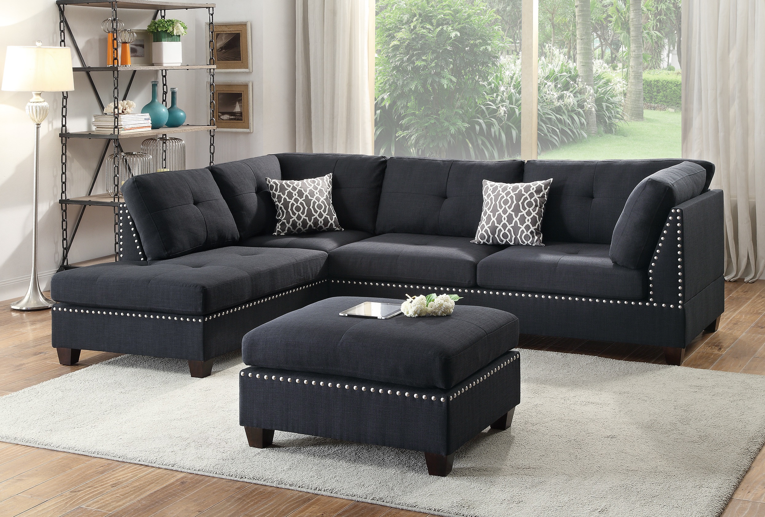 3-pcs Sectional Sofa Black Polyfiber Cushion Sofa Chaise Ottoman Reversible Couch Pillows-Boyel Living