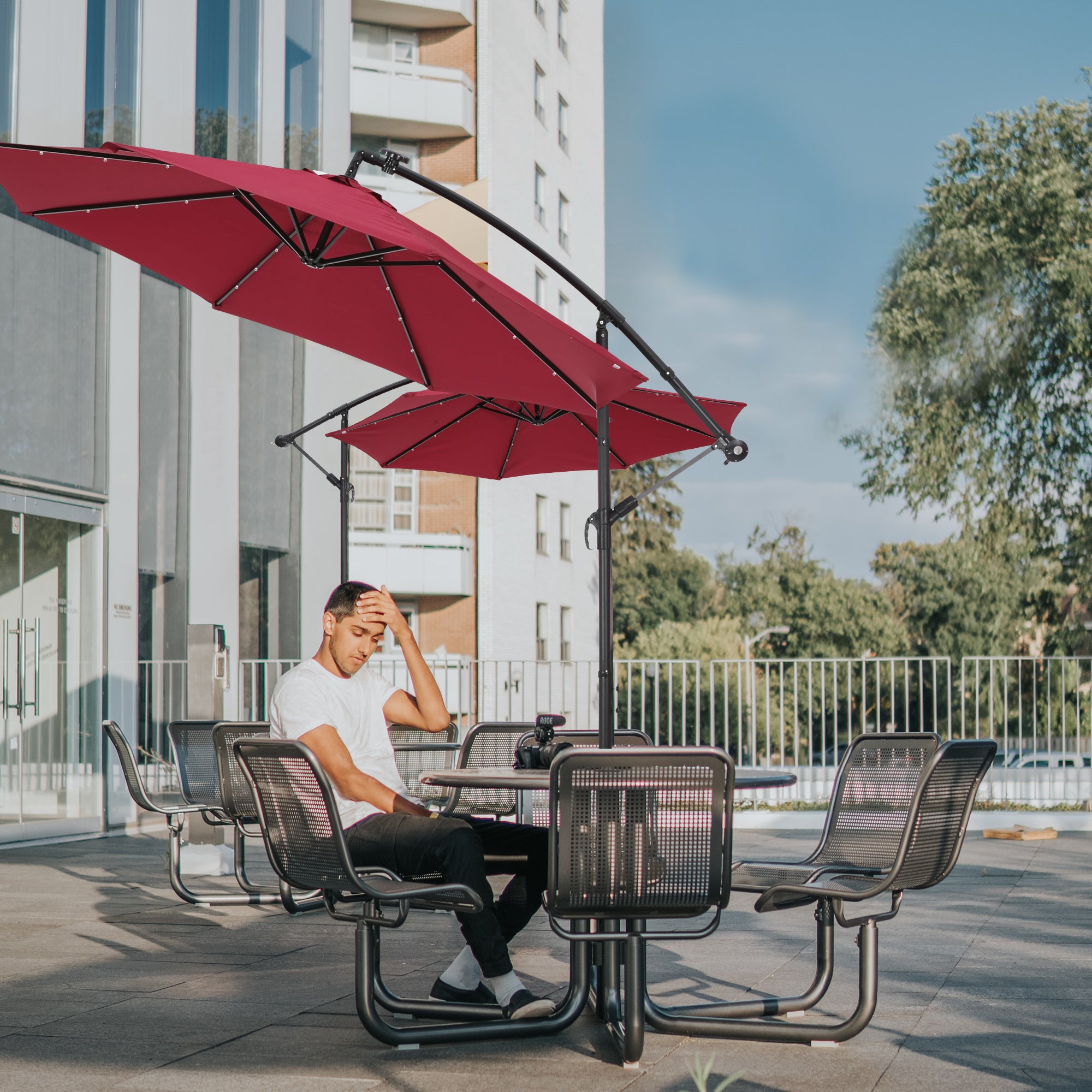 10 FT Solar LED Patio Outdoor Umbrella Hanging Cantilever Umbrella Offset Umbrella Easy Open Adustment with 24 LED Lights - Burgundy-Boyel Living