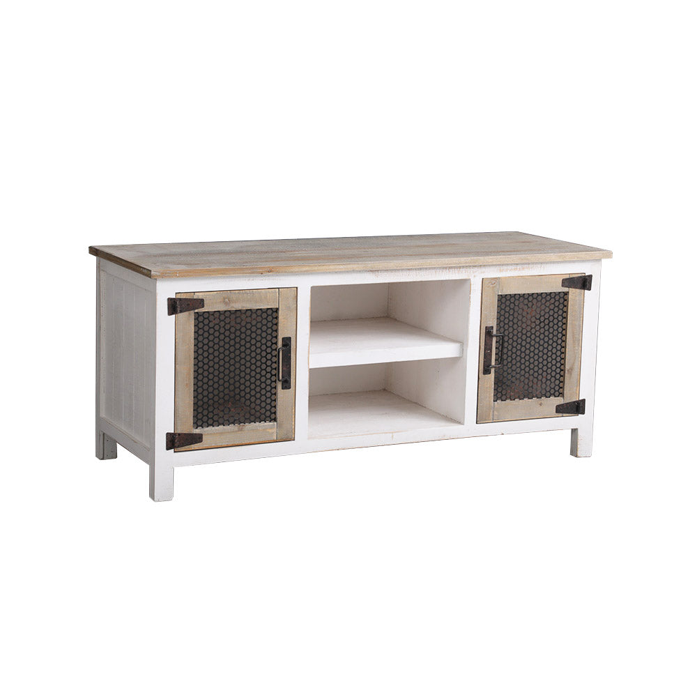 44 in. L x 19 in. H White Rectangle Sturdy Wood Console Table with Durable Metal Mesh Doors-Boyel Living