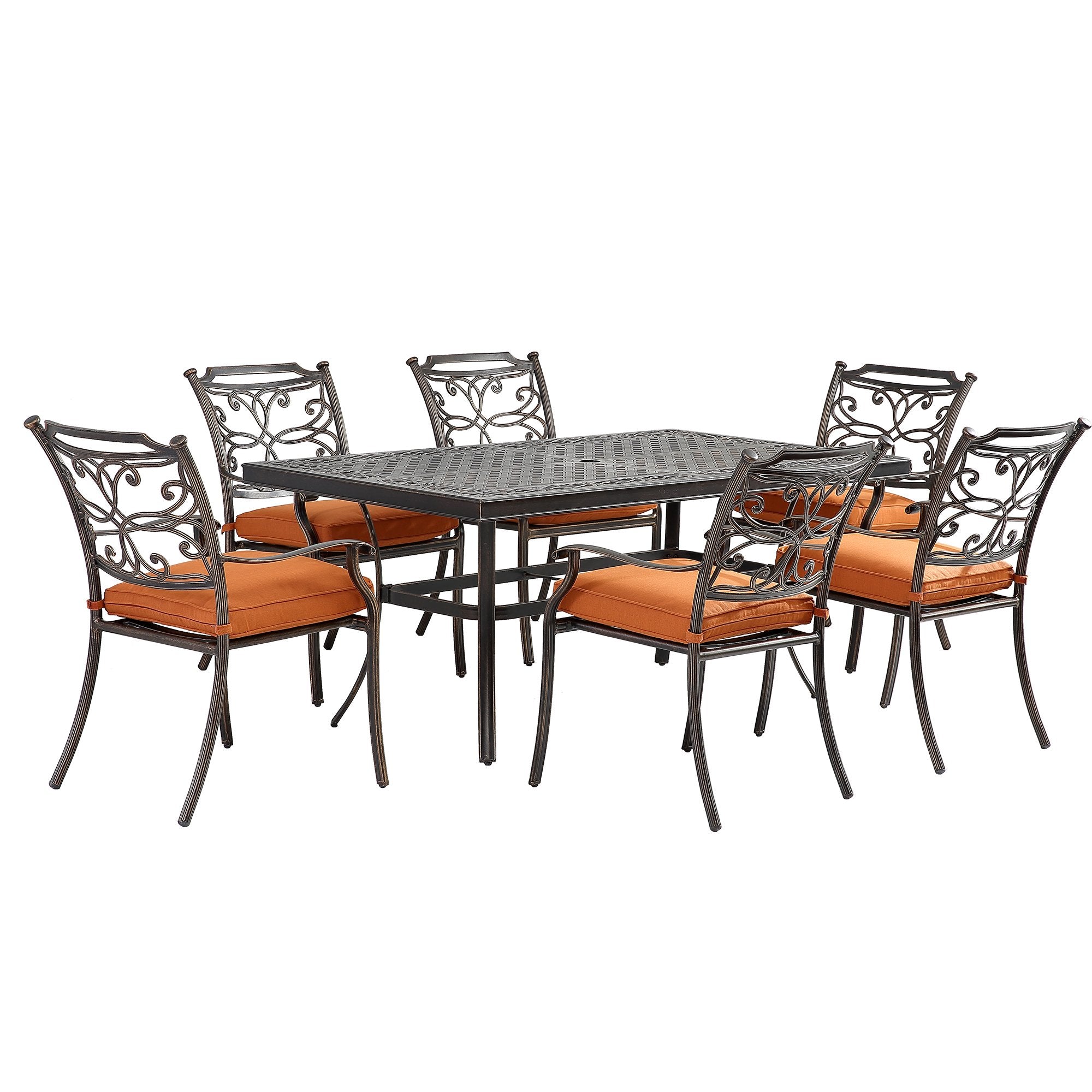 7-piece cast aluminum dining table set with rectangular rounded corner table and diagonal Flower-Shaped dining chairs-Boyel Living