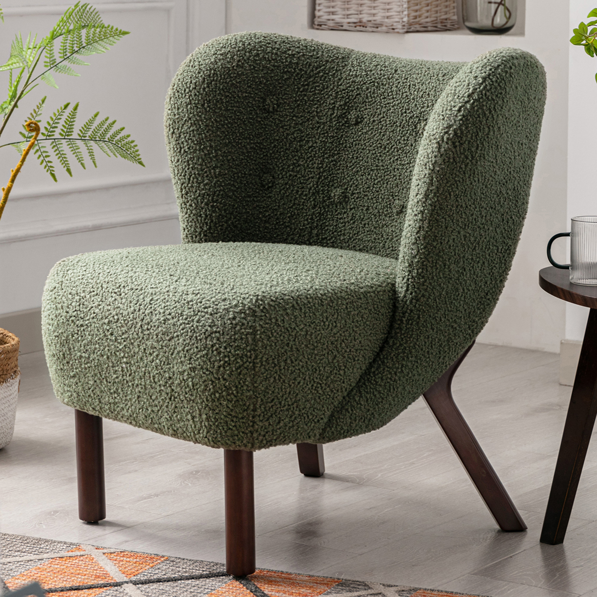 Modern Accent Chair Lambskin Sherpa Wingback Tufted Side Chair with Solid Wood Legs for Living Room Bedroom，Seaweed Green-Boyel Living
