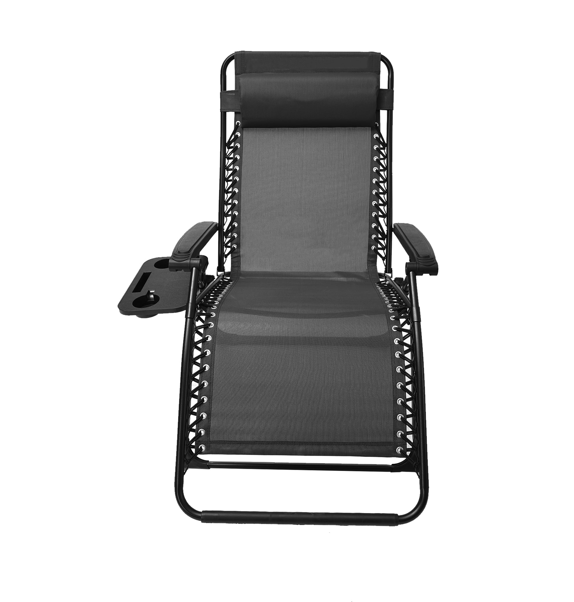 Outdoor Patio Folding  Lounge Chair,Camp Reclining Chair with Pillow and cup holder ,Black-Boyel Living