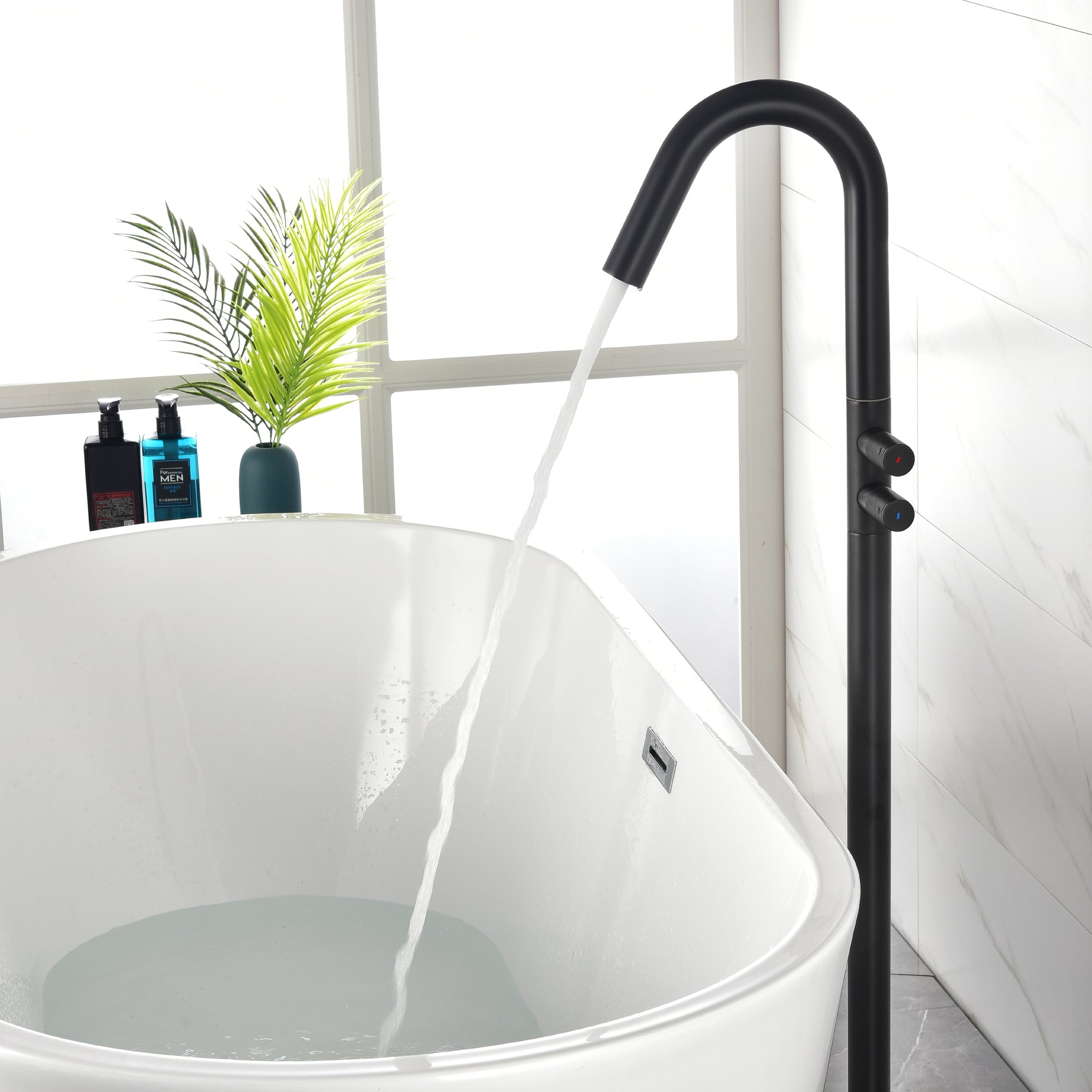 Boyel Living Freestanding Floor Mount 2-Handle Bath Tub Filler Faucet with Water Supply Lines in Matte Black-Boyel Living