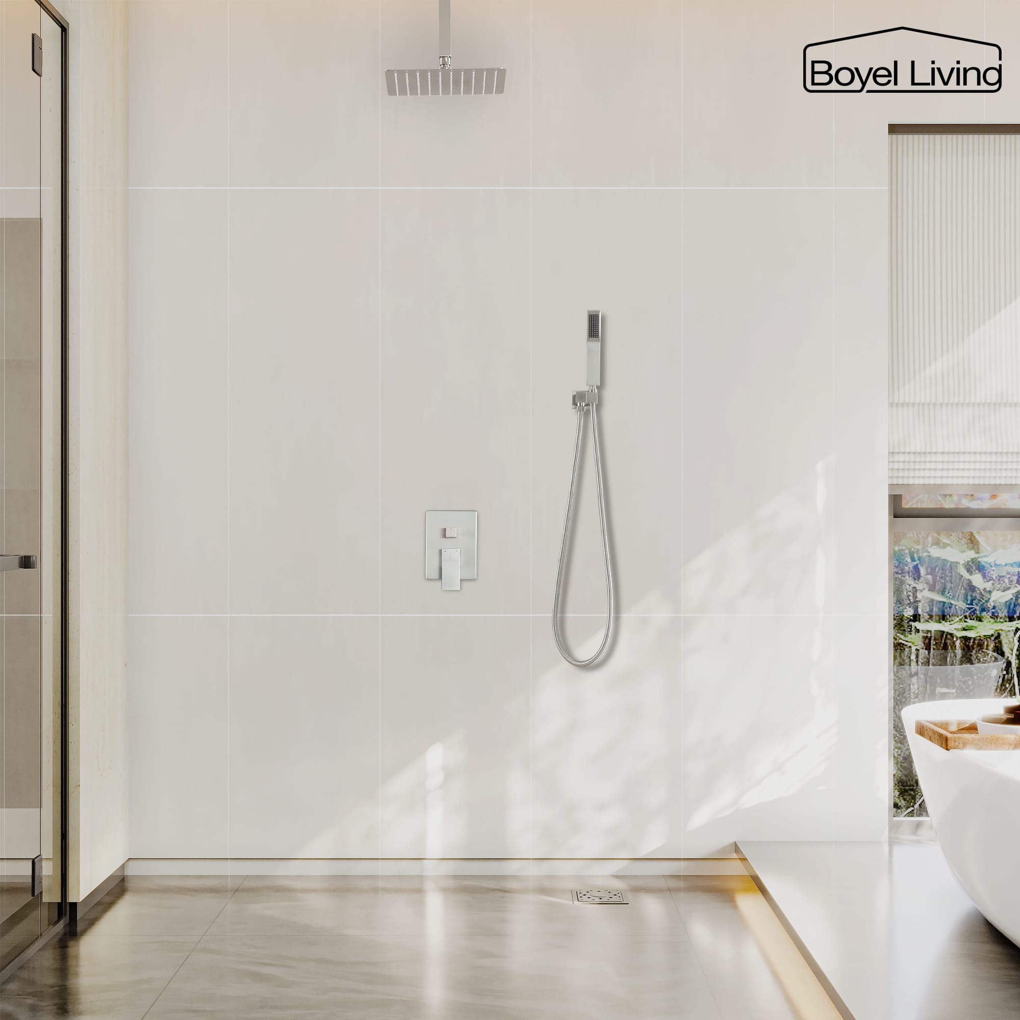 Boyel Living Ceiling Mount Dual Shower Heads, 2.5 GPM Shower System with Handheld Shower, 10 in./16 in. Brushed Nickel/Matte Black-Boyel Living