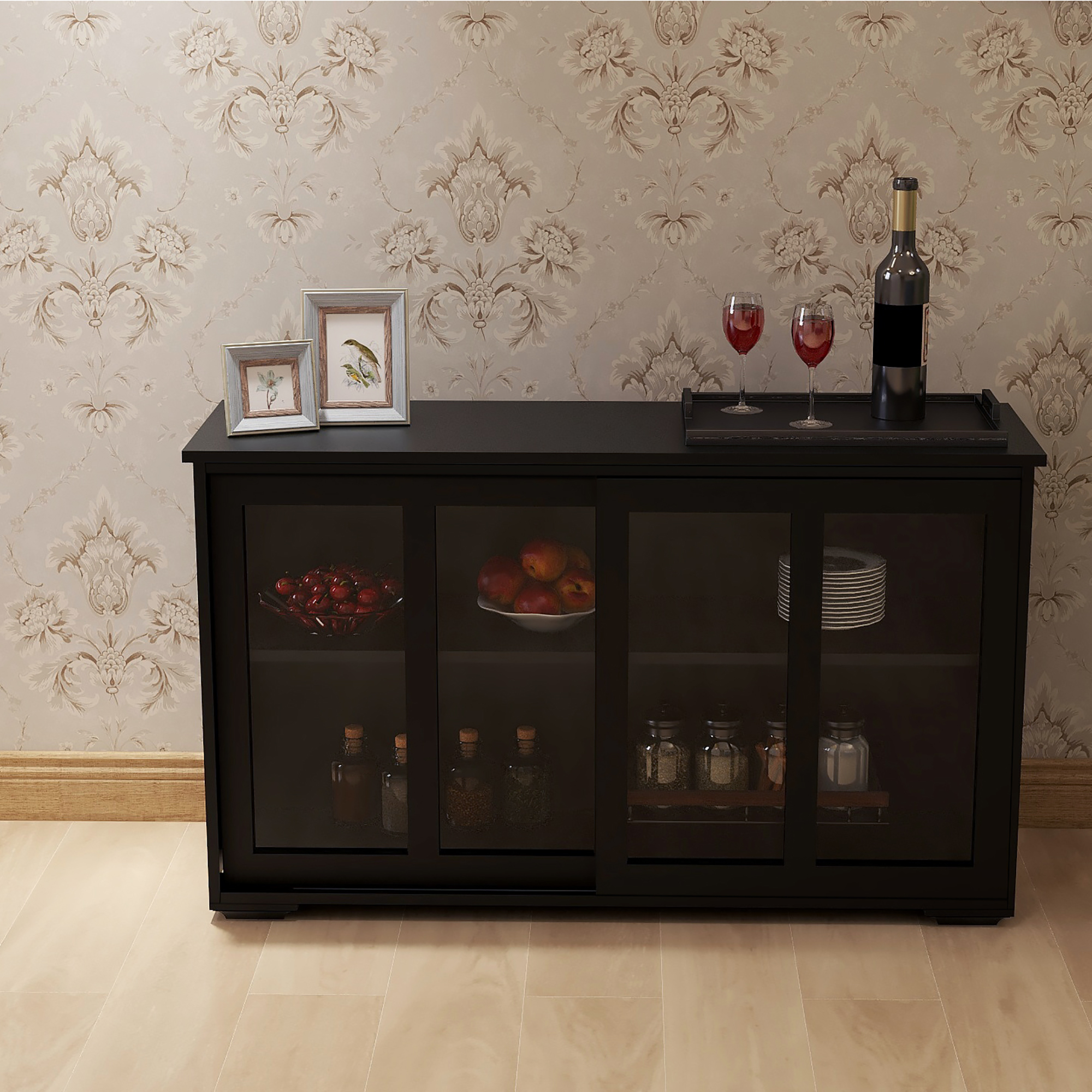 Kitchen Storage Stand Cupboard With Glass Door-Black-Boyel Living