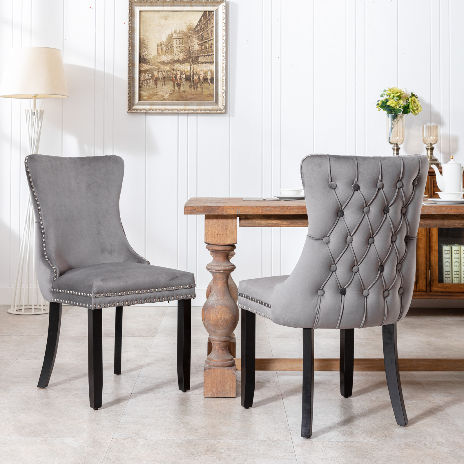 AA Furniture,Upholstered Wing-Back Dining Chair with Backstitching Nailhead Trim and Solid Wood Legs,Set of 2, Gray-Boyel Living