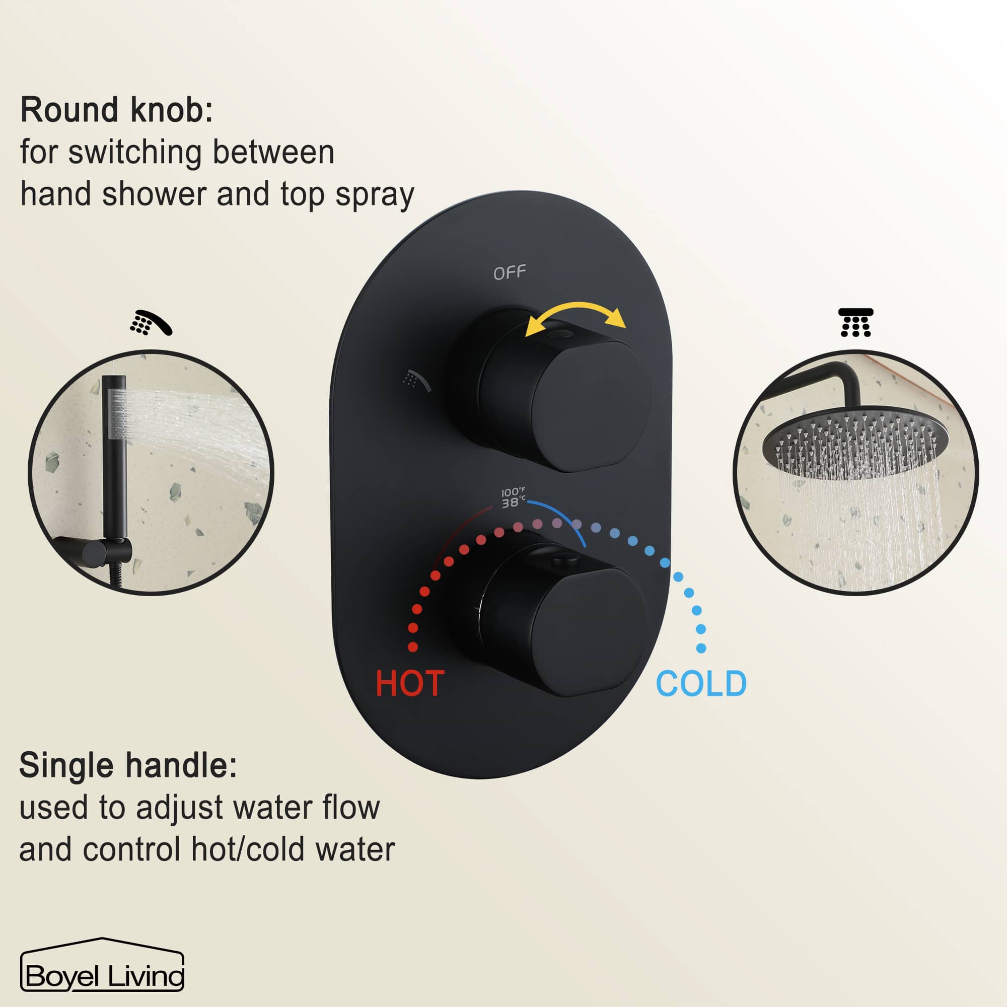 Boyel Living Wall-Mounted Round Bathroom Shower Faucets Set with 1.5 GPM Handheld Shower in Matte Black-Boyel Living
