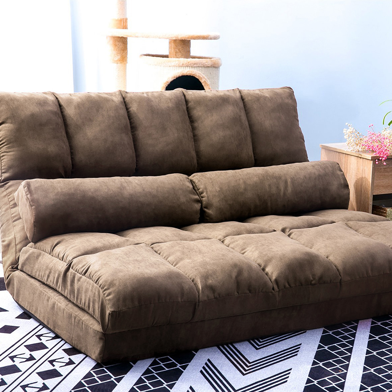 Double Chaise Lounge Sofa Floor Couch and Sofa with Two Pillows (Brown)-Boyel Living