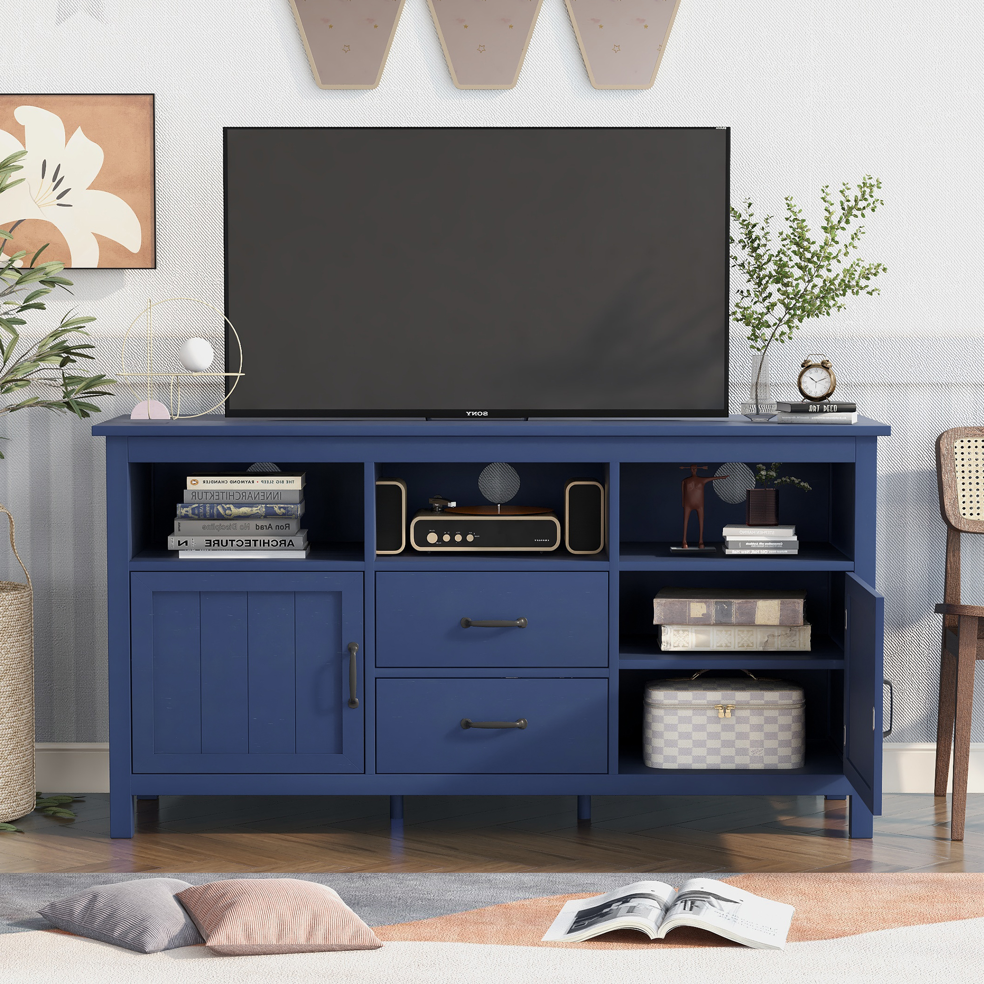 TV Stand for TV up to 68 in with 2 Doors and 2 Drawers Open Style Cabinet, Sideboard for Living room, Navy-Boyel Living