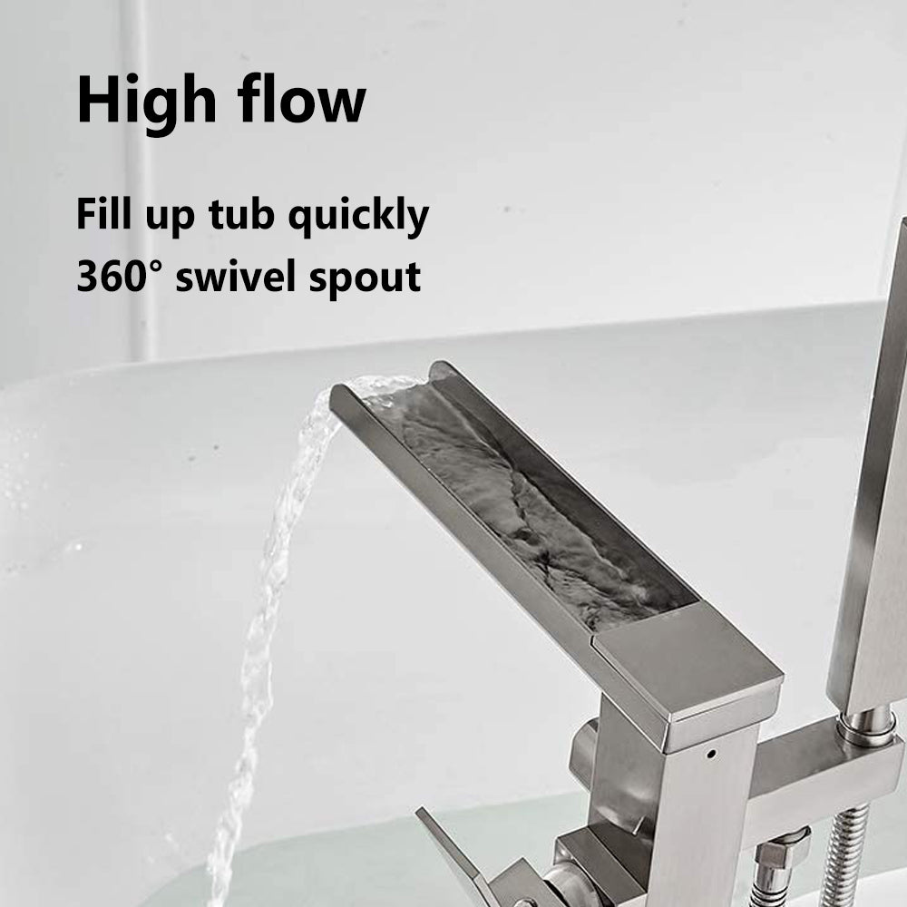 Boyel Living 2.4 GPM Floor Mount Freestanding Waterfall Tub Faucet with Handheld Shower, Brushed Nickel/Matte Black/Brushed Gold-Boyel Living