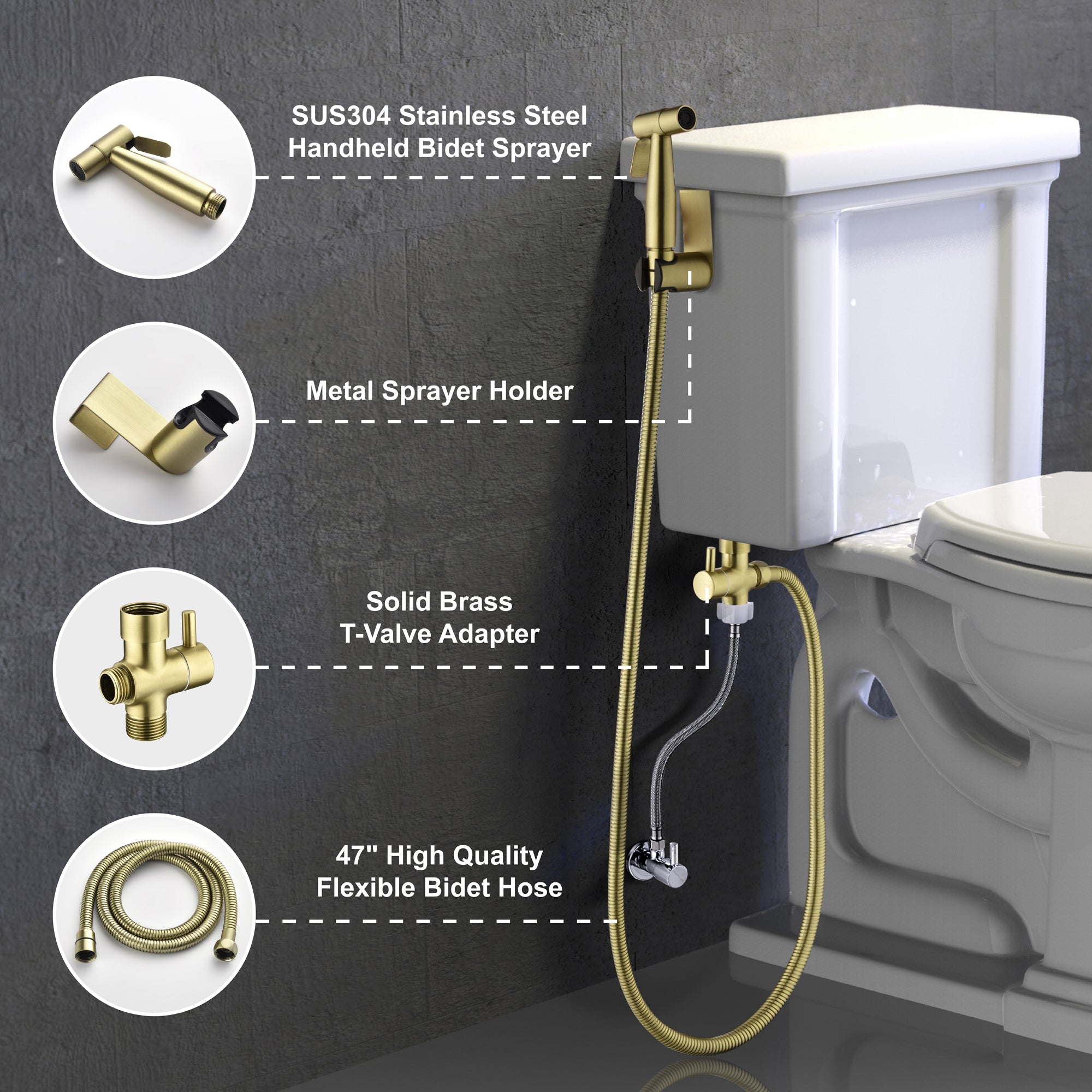 Single-Handle Bidet Faucet with Sprayer Holder, Solid Brass T-Valve Adapter and Flexible Bidet Hose in Brushed Gold-Boyel Living