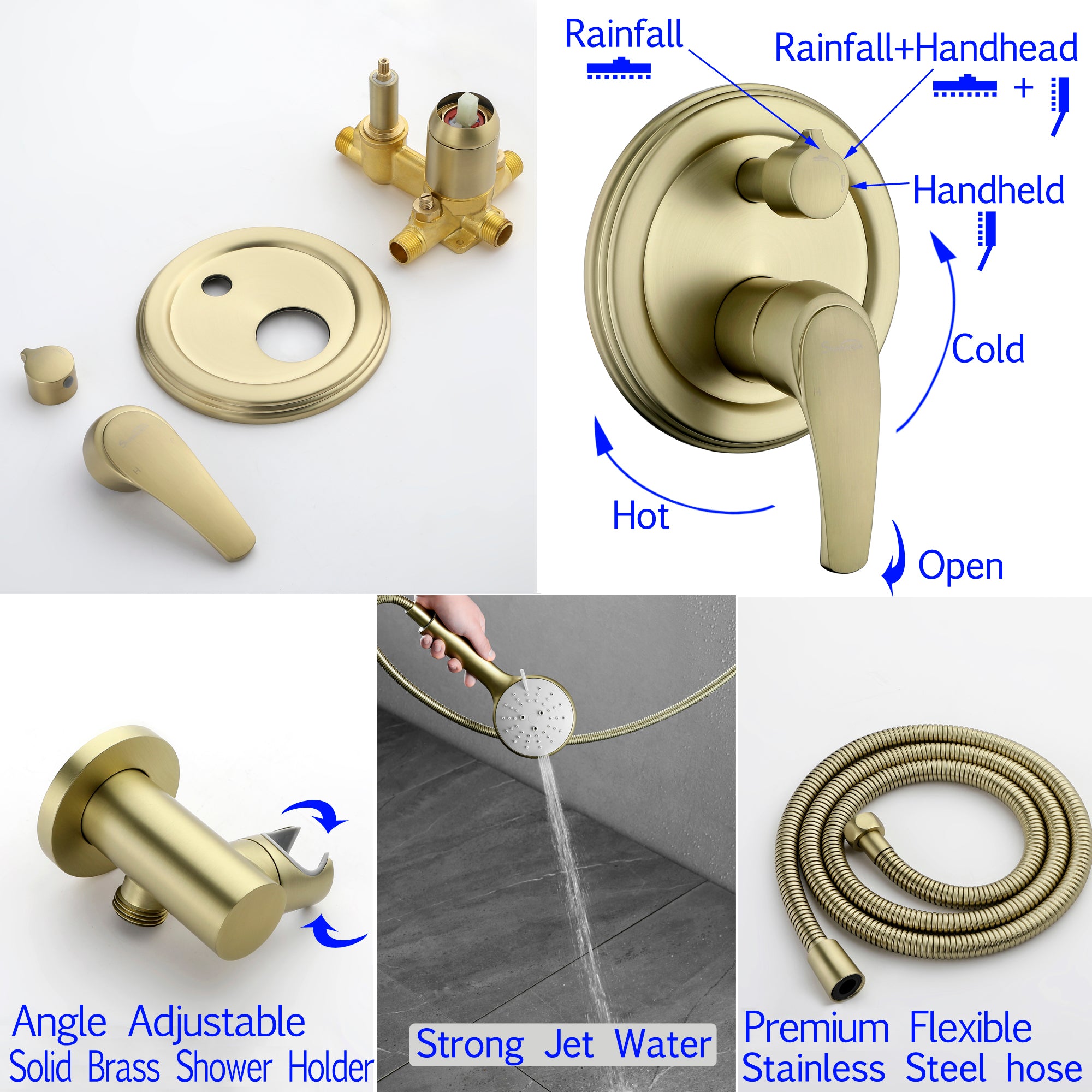 Boyel Living Brushed Gold Shower System with 5-Spray Patterns Handheld Shower-Boyel Living