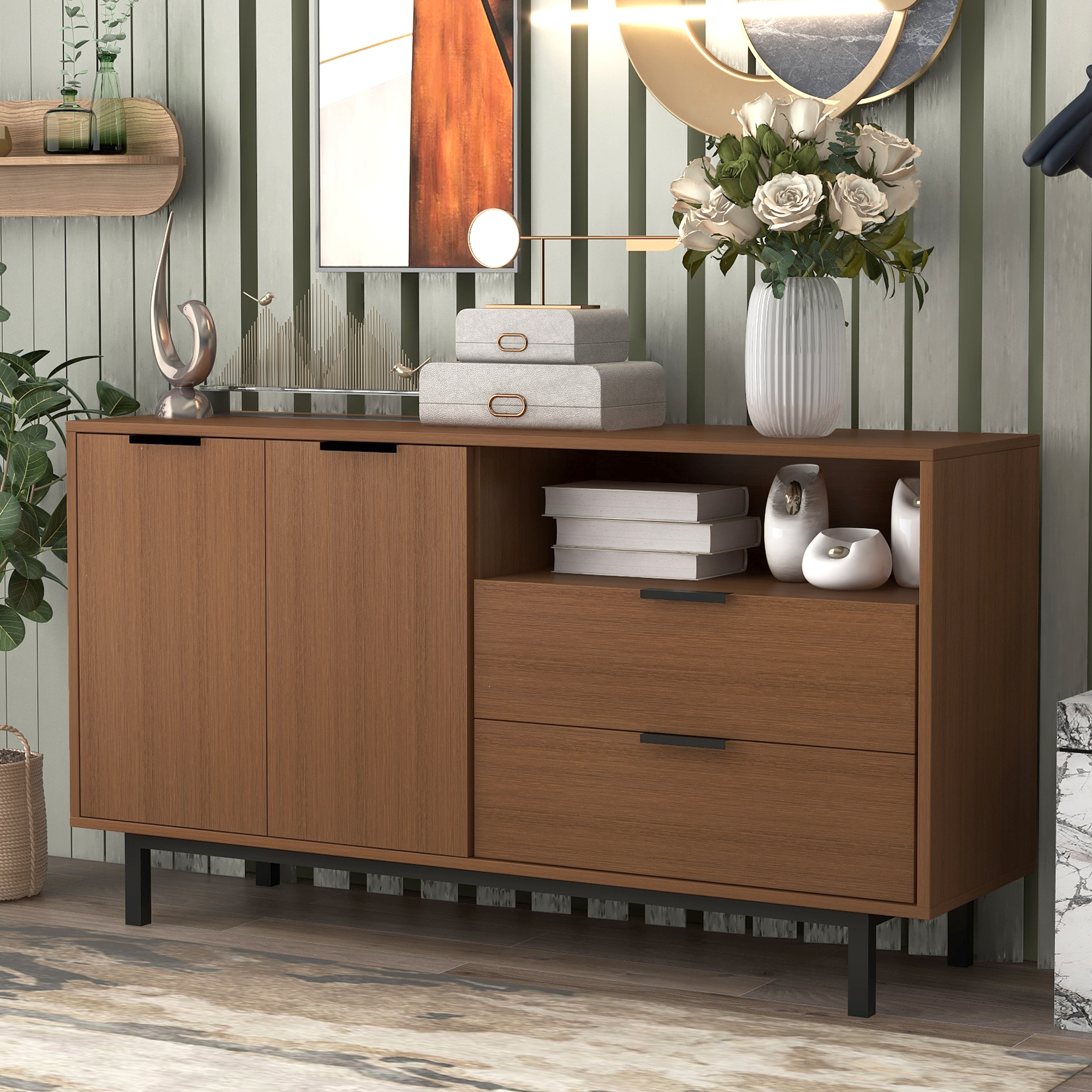 Contemporary Style Sideboard with Black Support Frame Metal Handles Large Storage Space (Tan)-Boyel Living