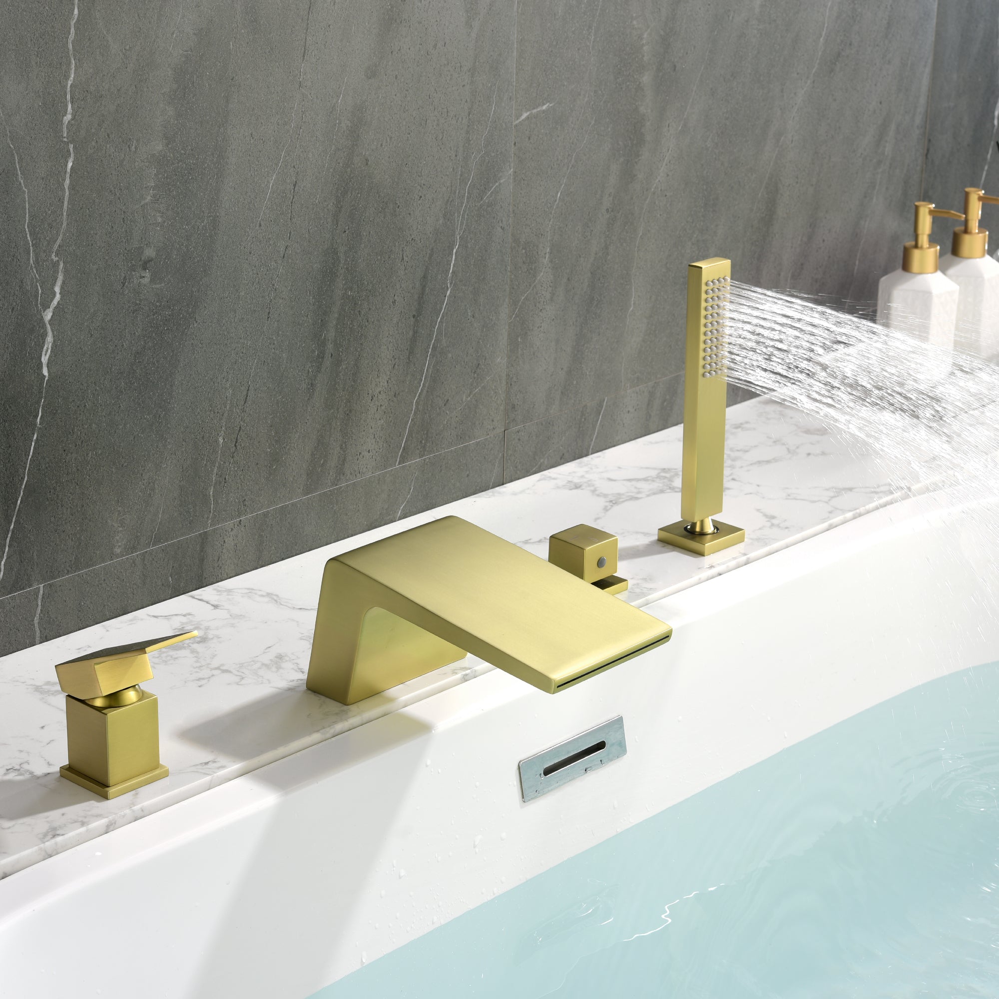 Boyel Living Tub Deck Mount Roman Bathtub Faucet with Hand Shower and Water Suply Hose-Boyel Living