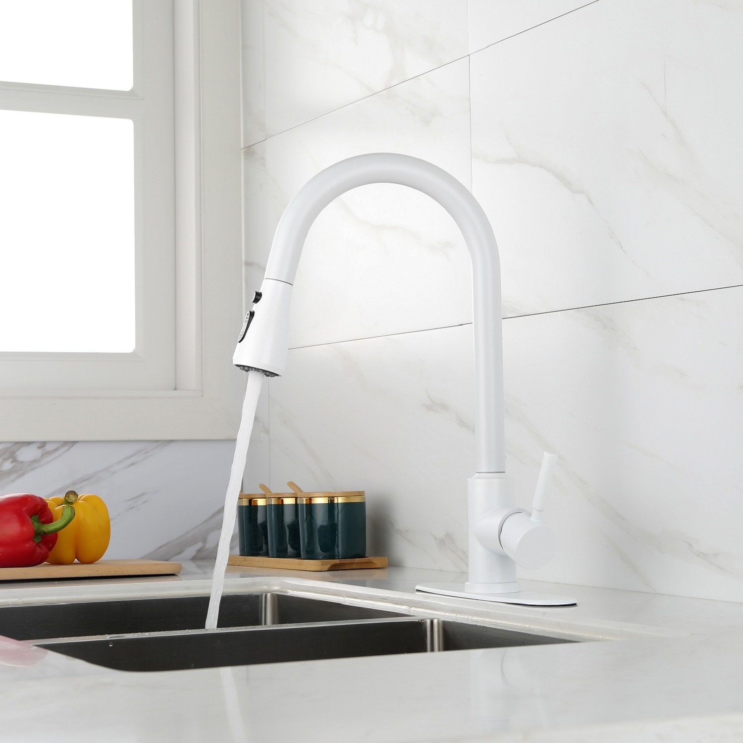 Kitchen Faucet with Pull Out Sprayer in White-Boyel Living