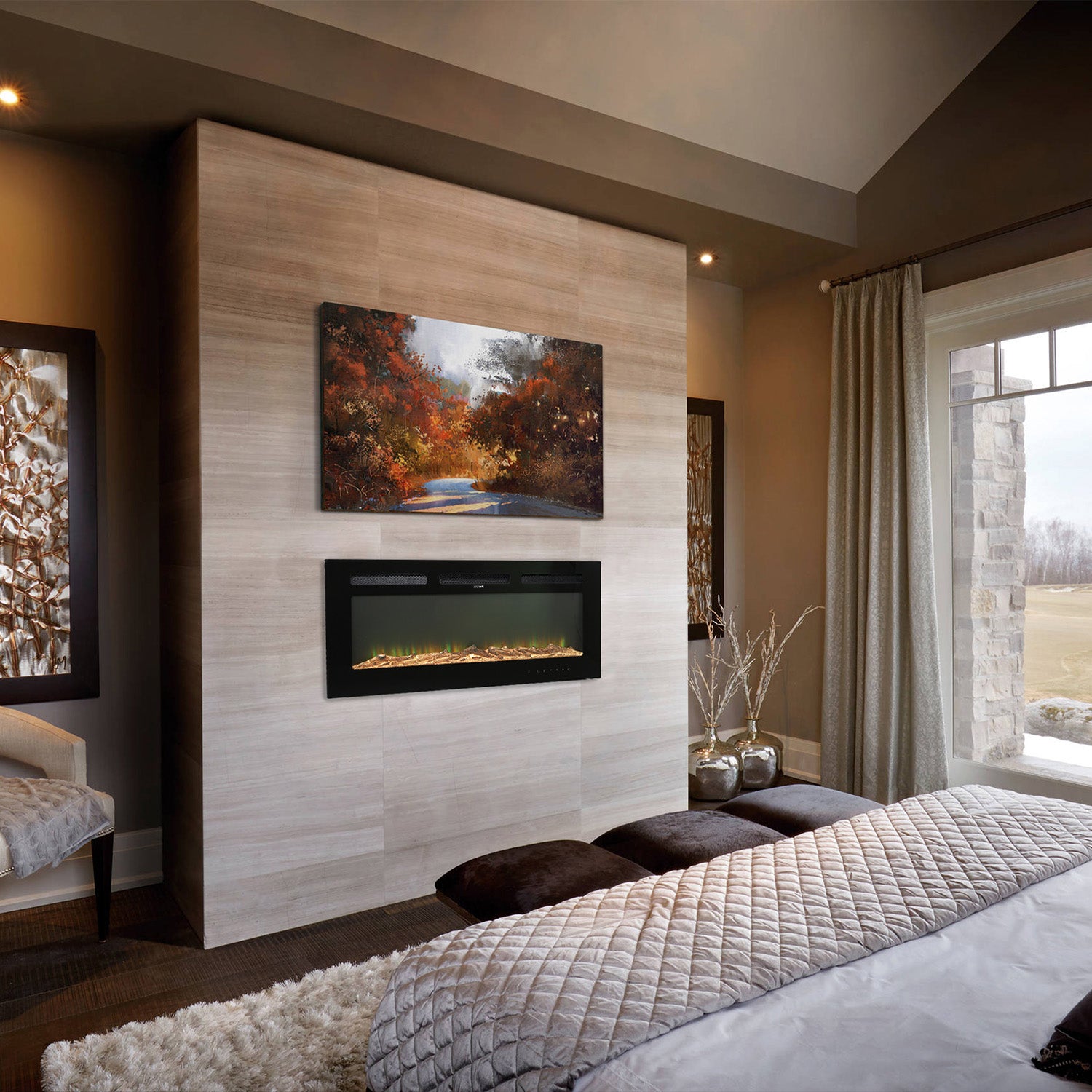 Boyel Living Electric Wall Mounted Recessed Fireplace with Remote 1500/750 Watt in Black, 30/36/40/50/60 in.-Boyel Living