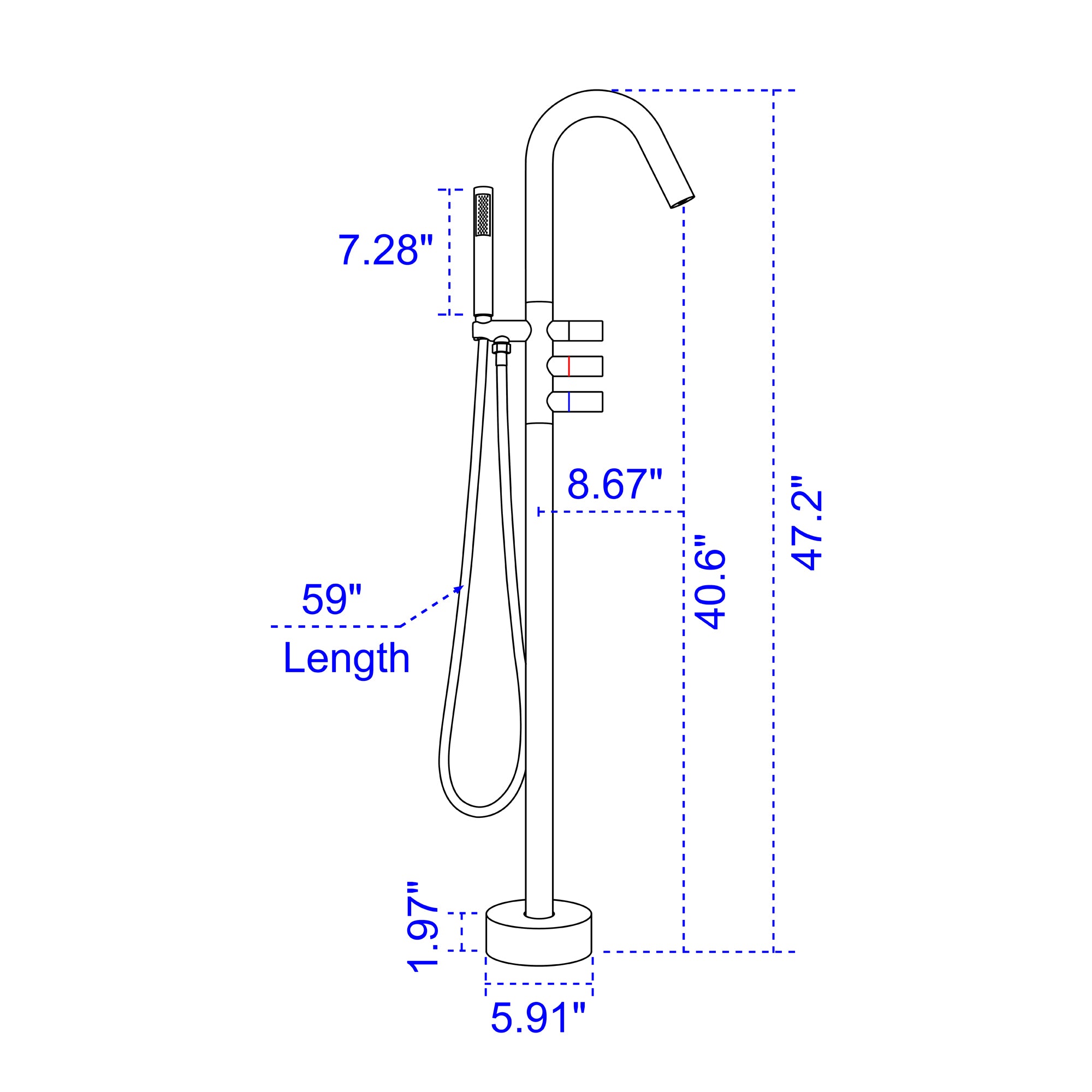 Boyel Living Freestanding Floor Mount 3-Handle Bath Tub Filler Faucet with Handheld Shower and Water Supply Lines in Matte Black-Boyel Living