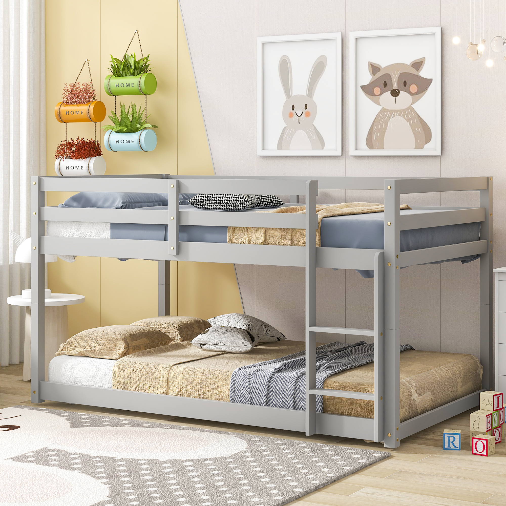 Twin over Twin Floor Bunk Bed,Grey-Boyel Living
