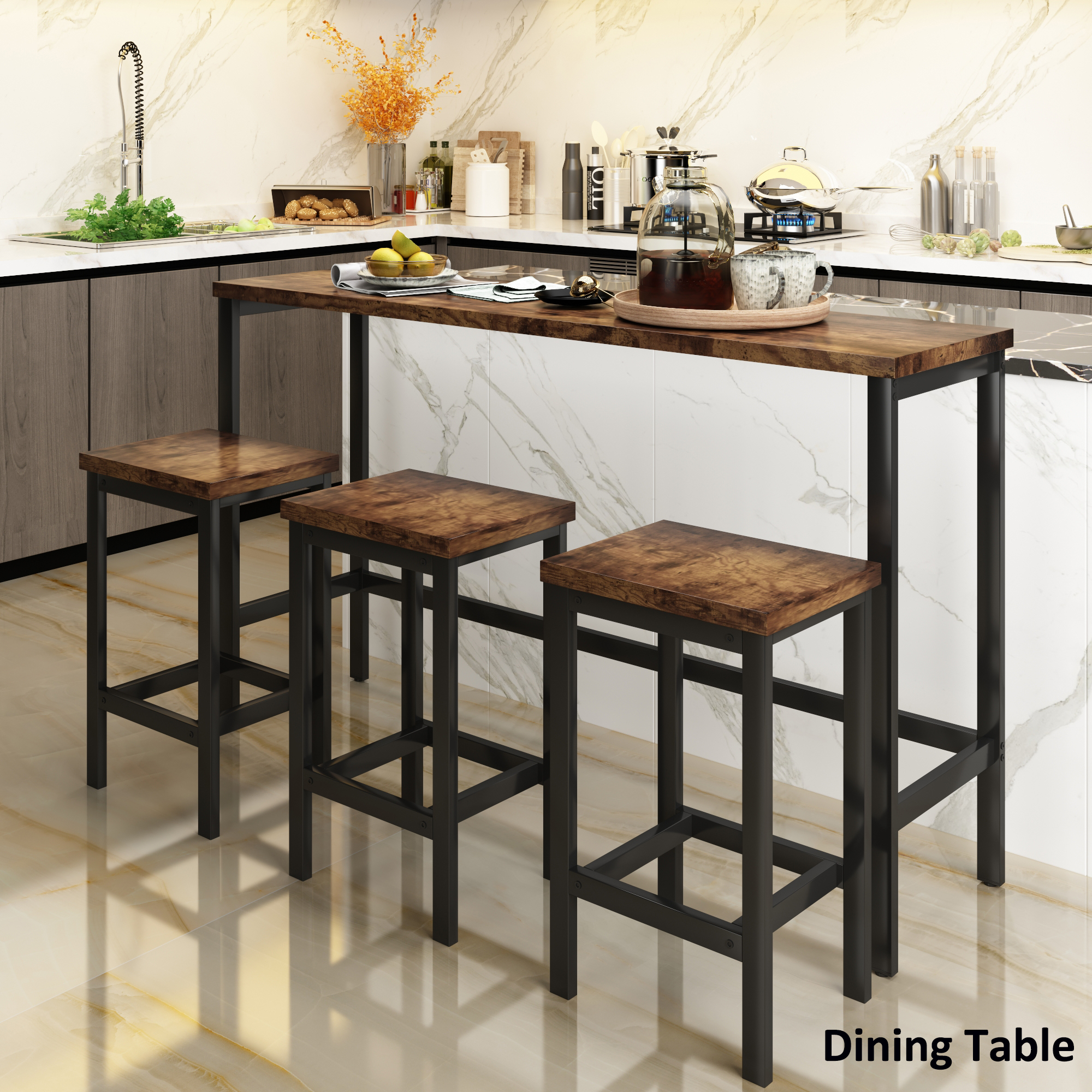 Counter Height Extra Long Dining Table Set with 3 Stools Pub Kitchen Set Side Table with Footrest,Brown-Boyel Living