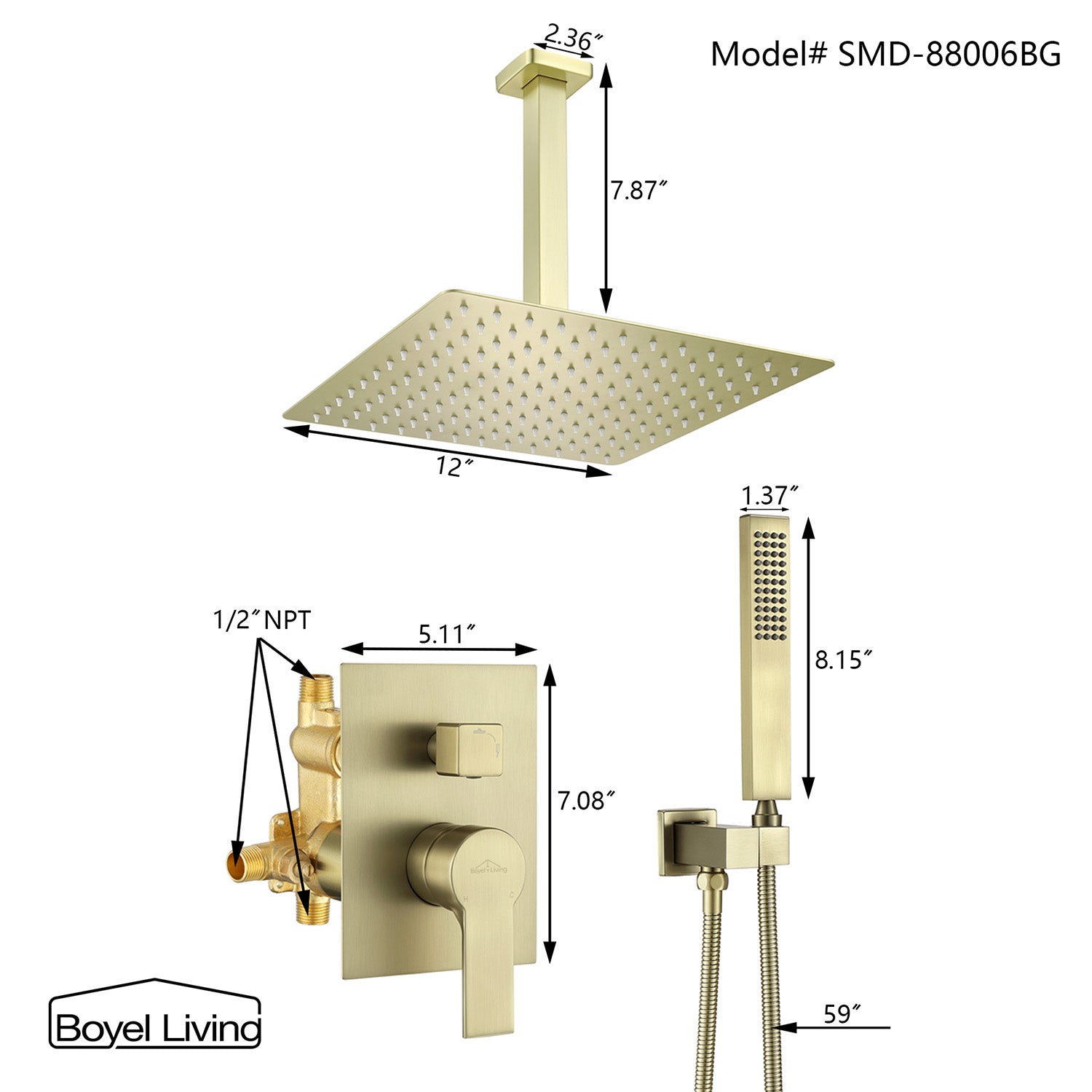 Boyel Living 12 in. Ceiling Mount Dual Shower Heads with Rough-In Valve Body and Trim in Brushed Gold-Boyel Living