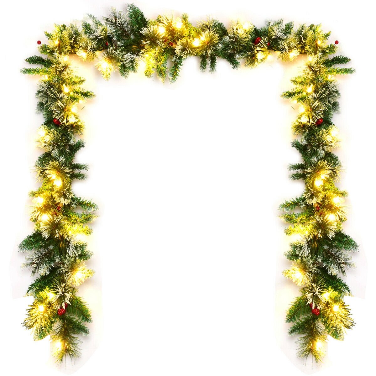 9 Feet Pre-lit Snow Flocked Tips Christmas Garland with Red Berries-Boyel Living