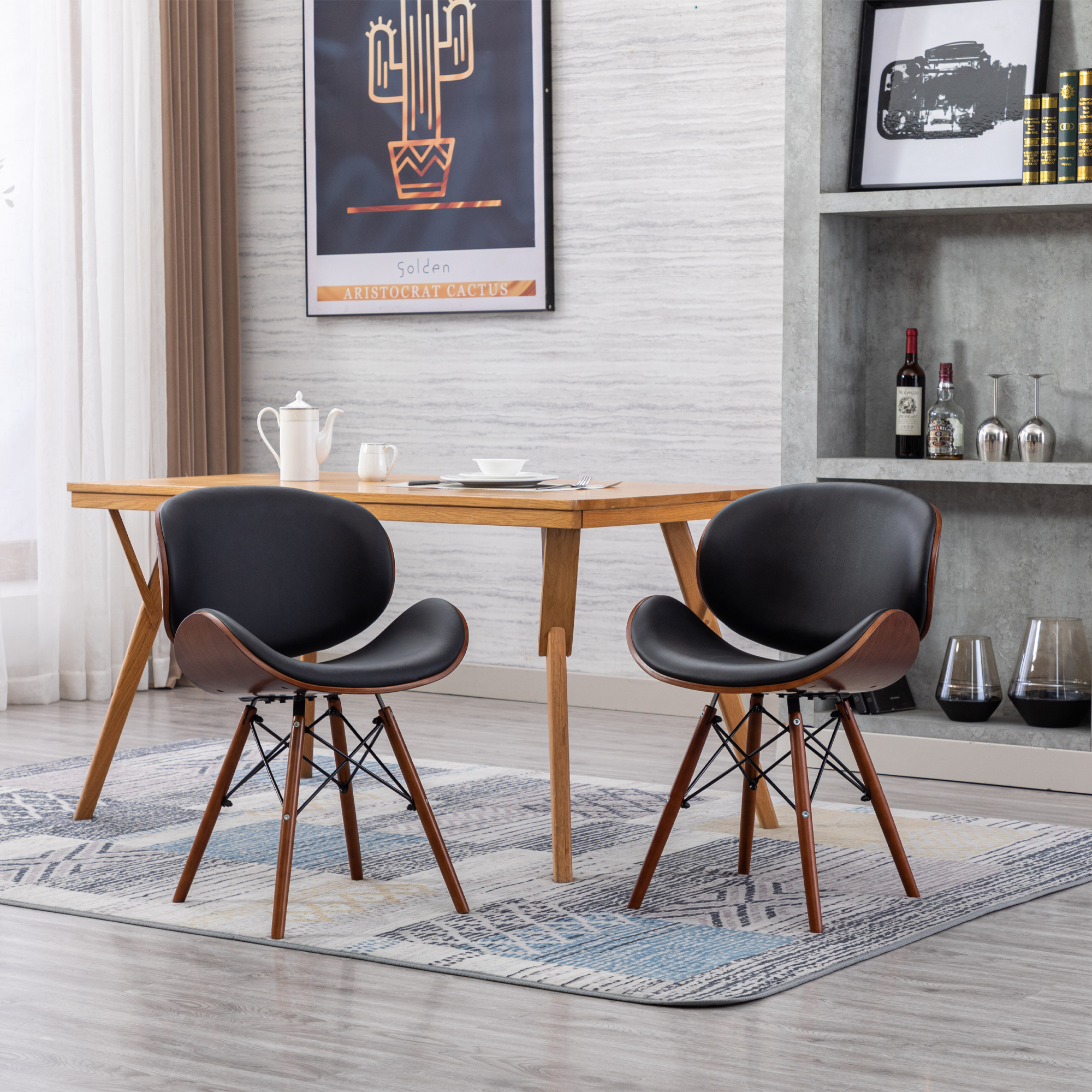 HengMing Mid Century Modern Accent Chairs, Upholstered Faux Leather Walnut Curved Back Contemporary Dining Kitchen, Minimalist Vintage Style [Set of 2] Black