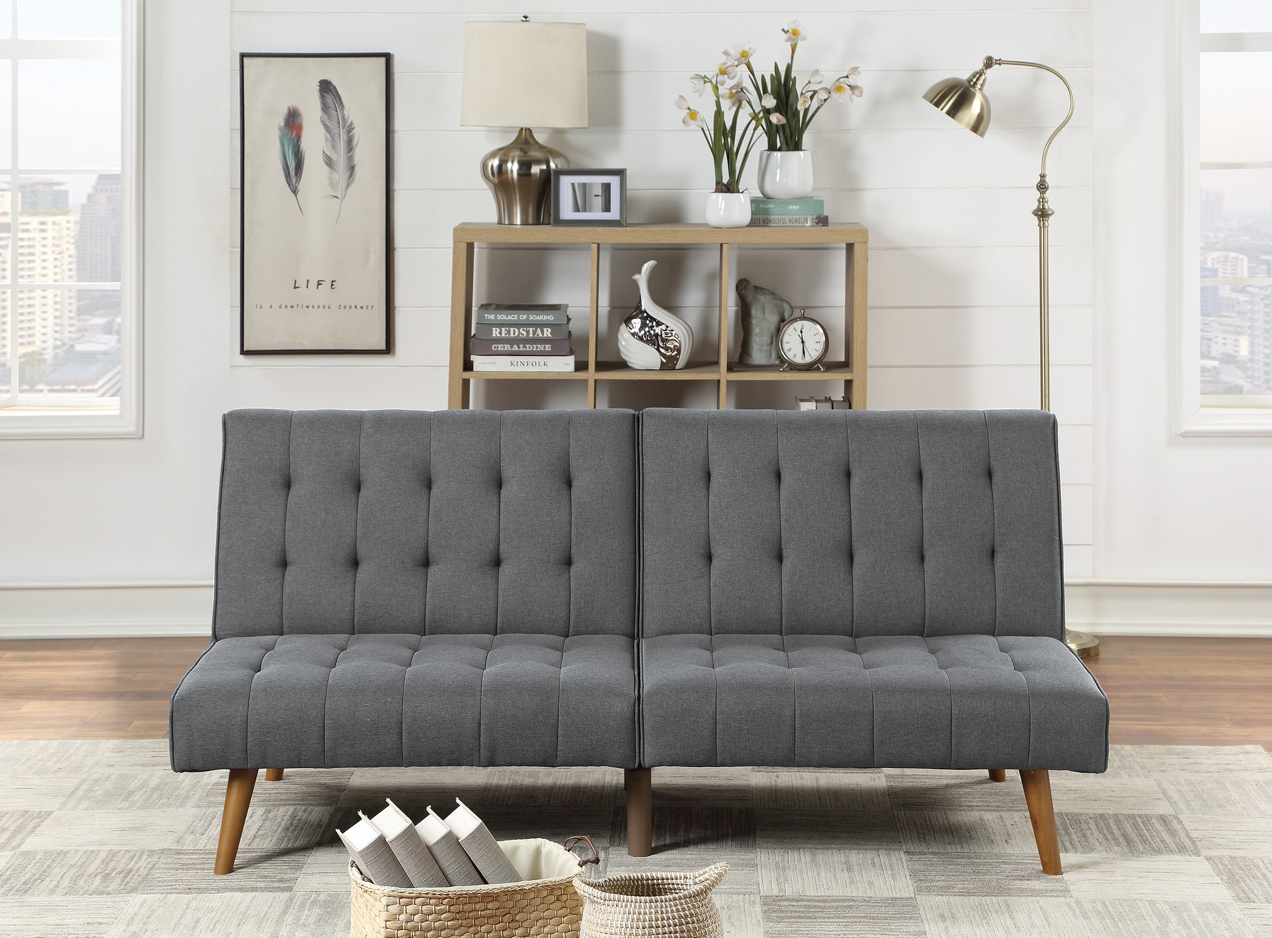 Blue Grey Modern Convertible Sofa 1pc Set Couch Polyfiber Plush Tufted Cushion Sofa Living Room Furniture Wooden Legs-Boyel Living