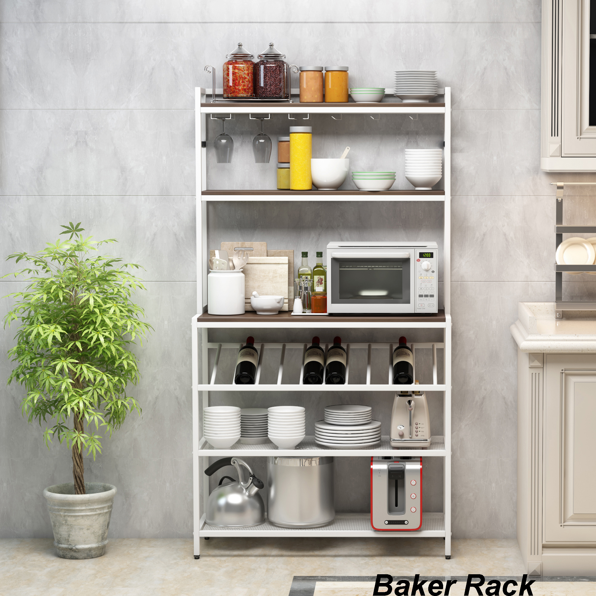 Industrial Modern 6-Tier Baker Rack, Freestanding Bar Wine Rack Table with Glass Cup Holders, Kitchen Microwave Stand with Hutch, Metal Book Shelf and Office Rack, Dark Brown+ White Tube-Boyel Living
