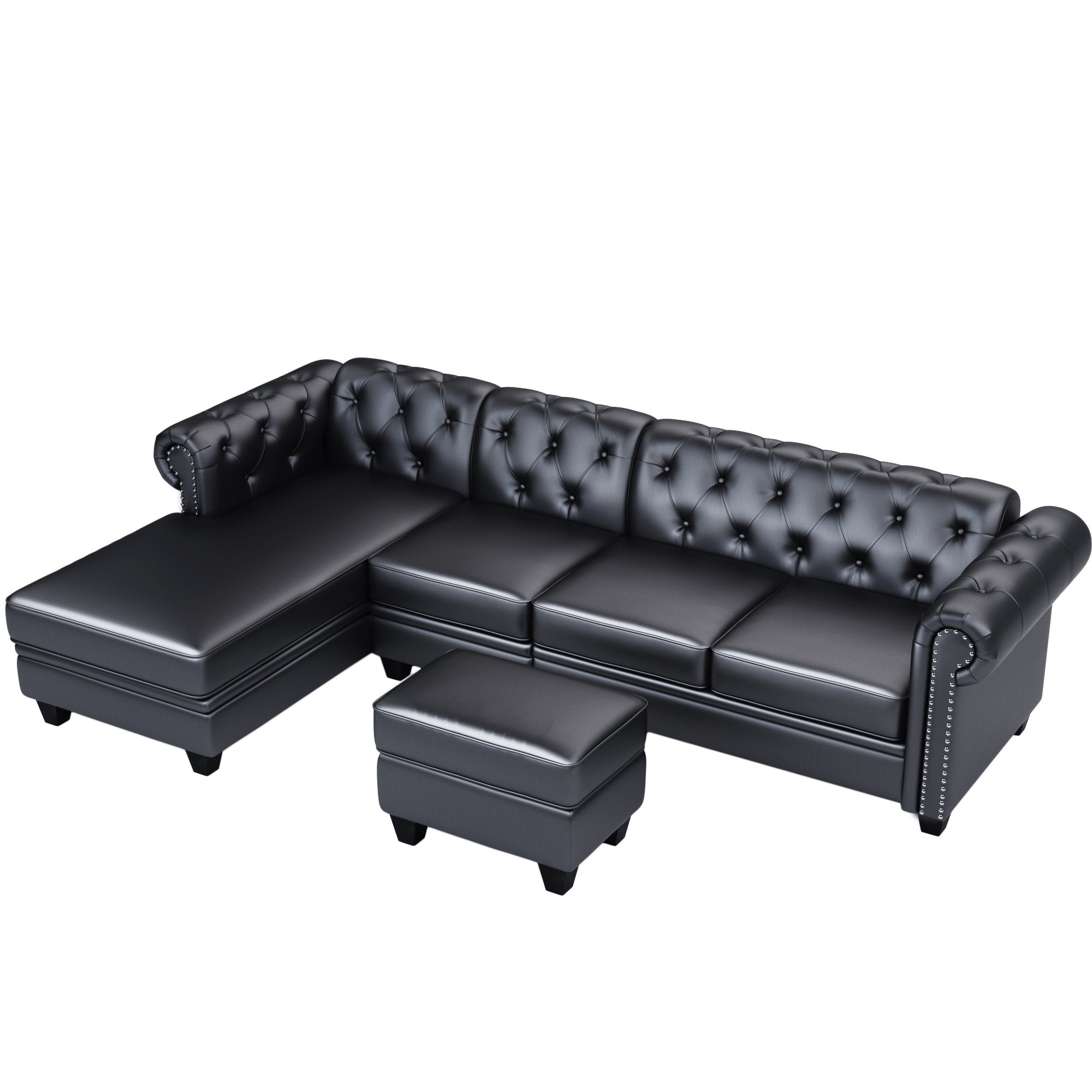 116" Chesterfield Sectional Sofa Set, PU Leather 4-Seat Living Room Set, L-Shape Couch in Home, with Storage Ottoman ,Nailheaded (Left Hand Facing,Black)-Boyel Living