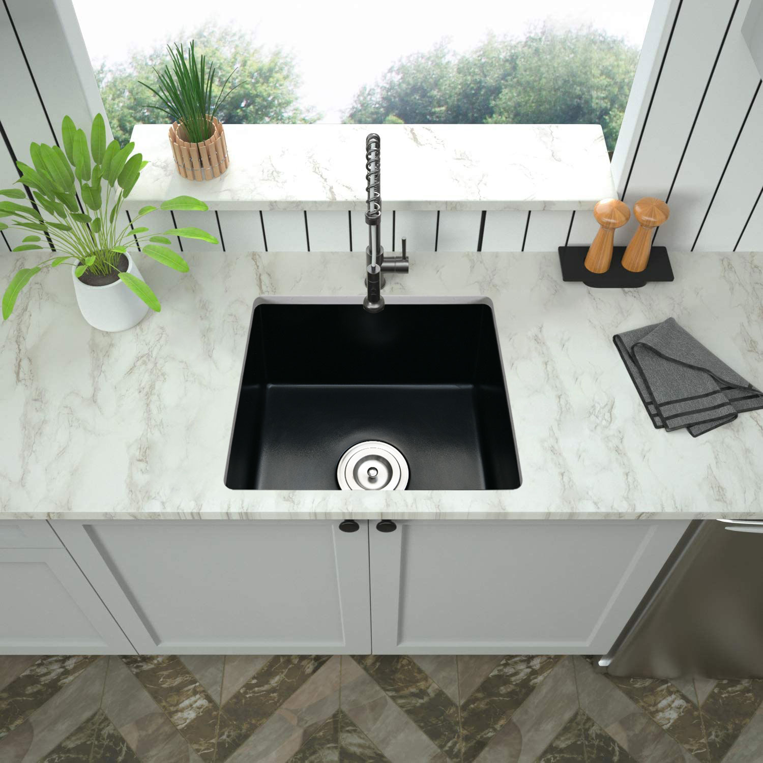 Undermount Kitchen Sink Double Single Sink with Basket Strainer Quartz Stone Square Kitchen Sink. Black