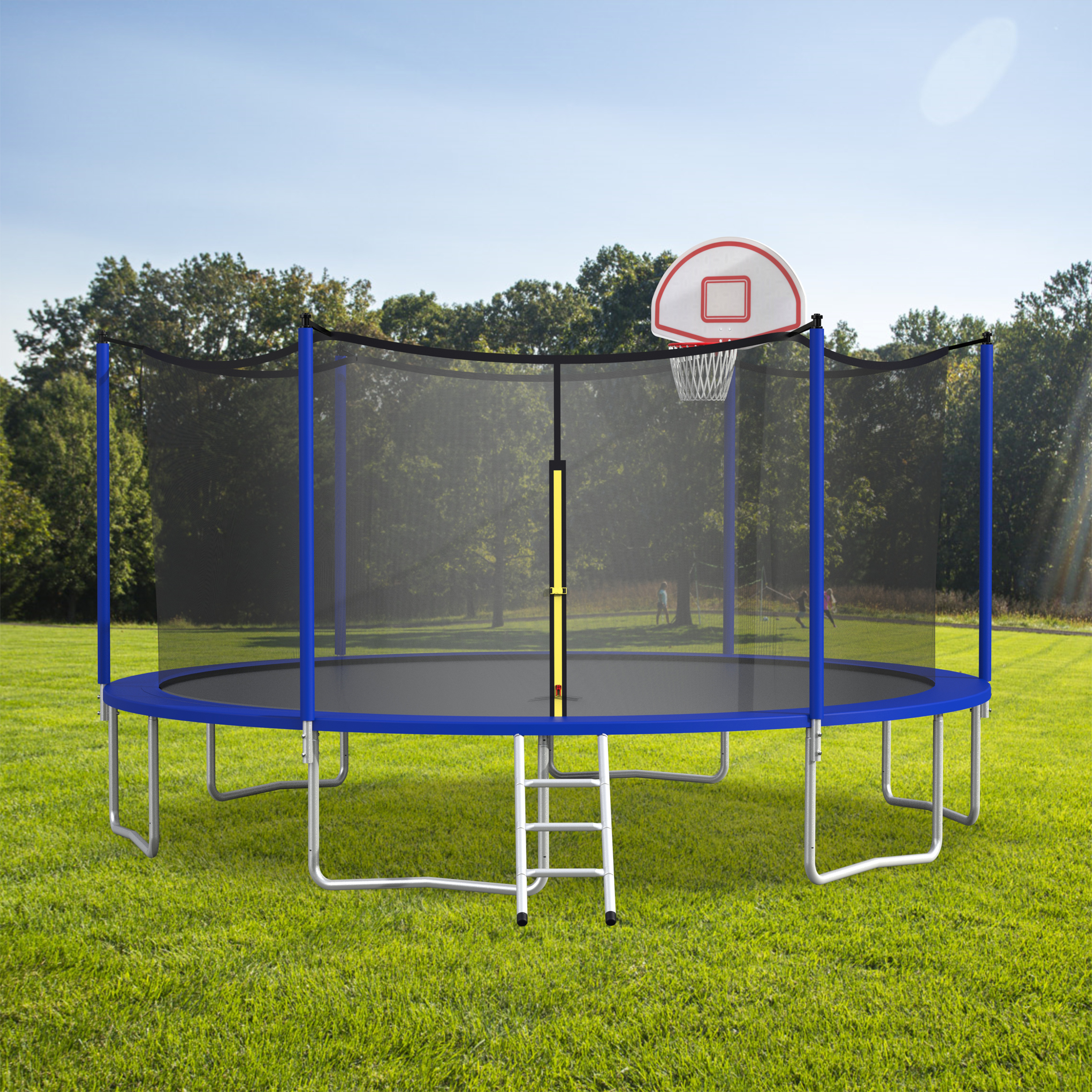 16ft Trampoline with Enclosure, New Upgraded Kids Outdoor Trampoline with Basketball Hoop and Ladder, Heavy-Duty Round Trampoline，Blue-Boyel Living