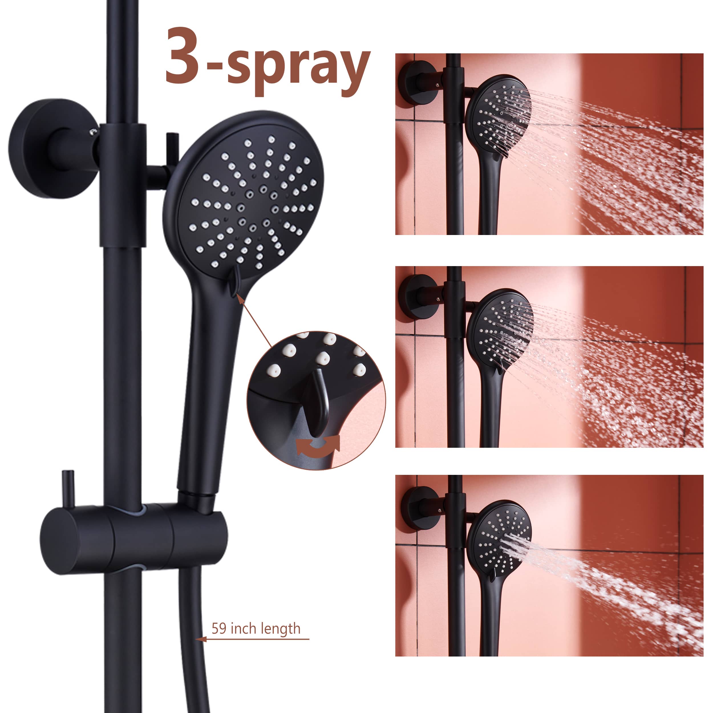 3 Function Wall Mount Round Thermostatic Rain Shower System with Tub Spout in Matte Black-Boyel Living