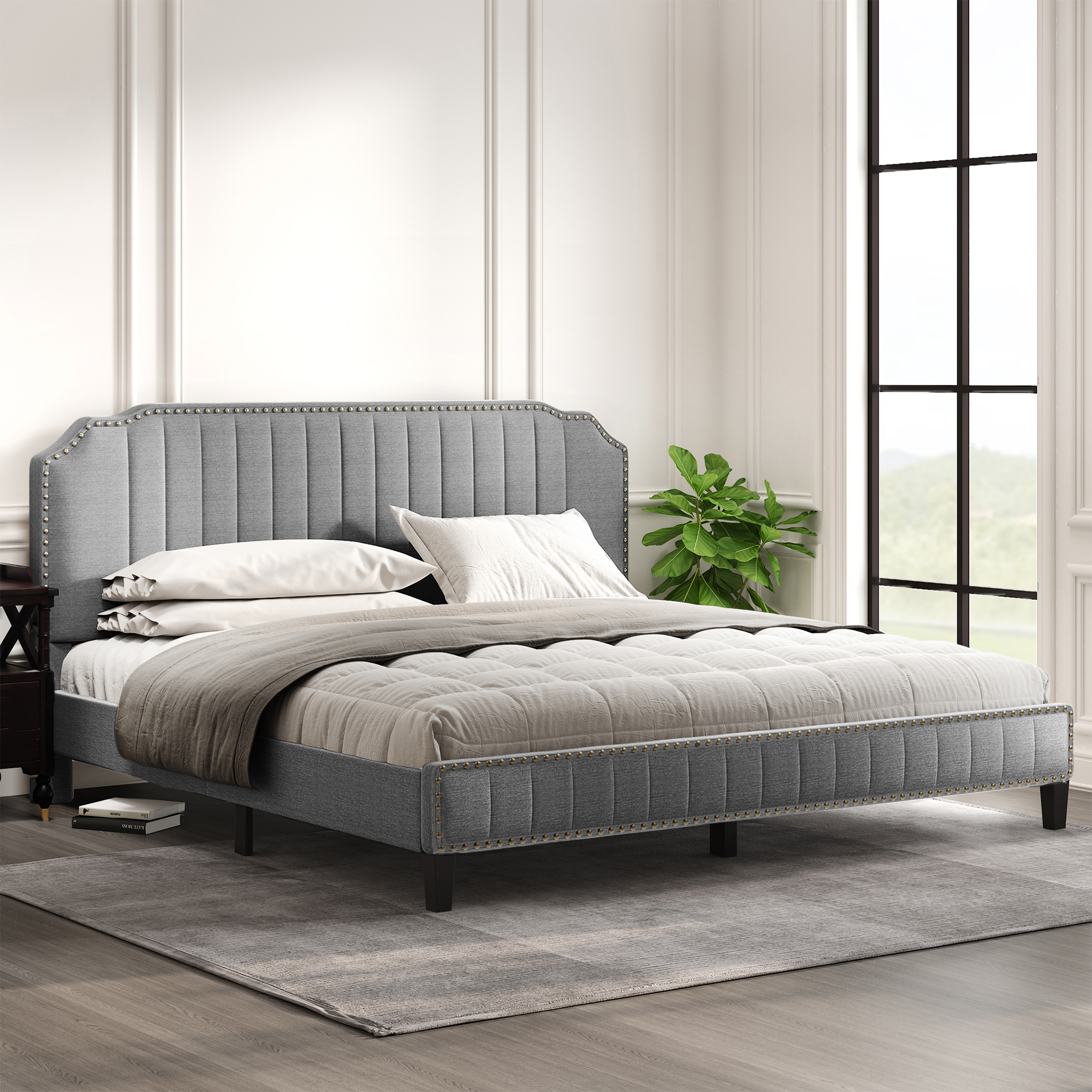 Modern Linen Curved Upholstered Platform Bed , Solid Wood Frame , Nailhead Trim (King)-Boyel Living